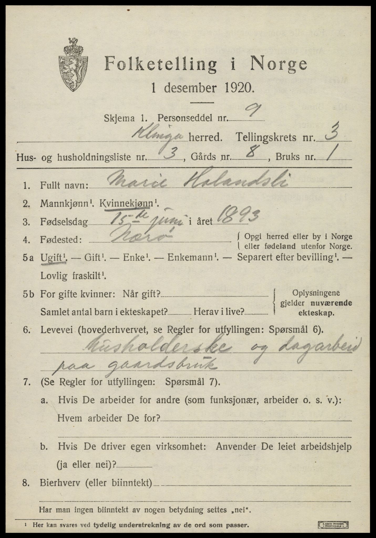 SAT, 1920 census for Klinga, 1920, p. 2101