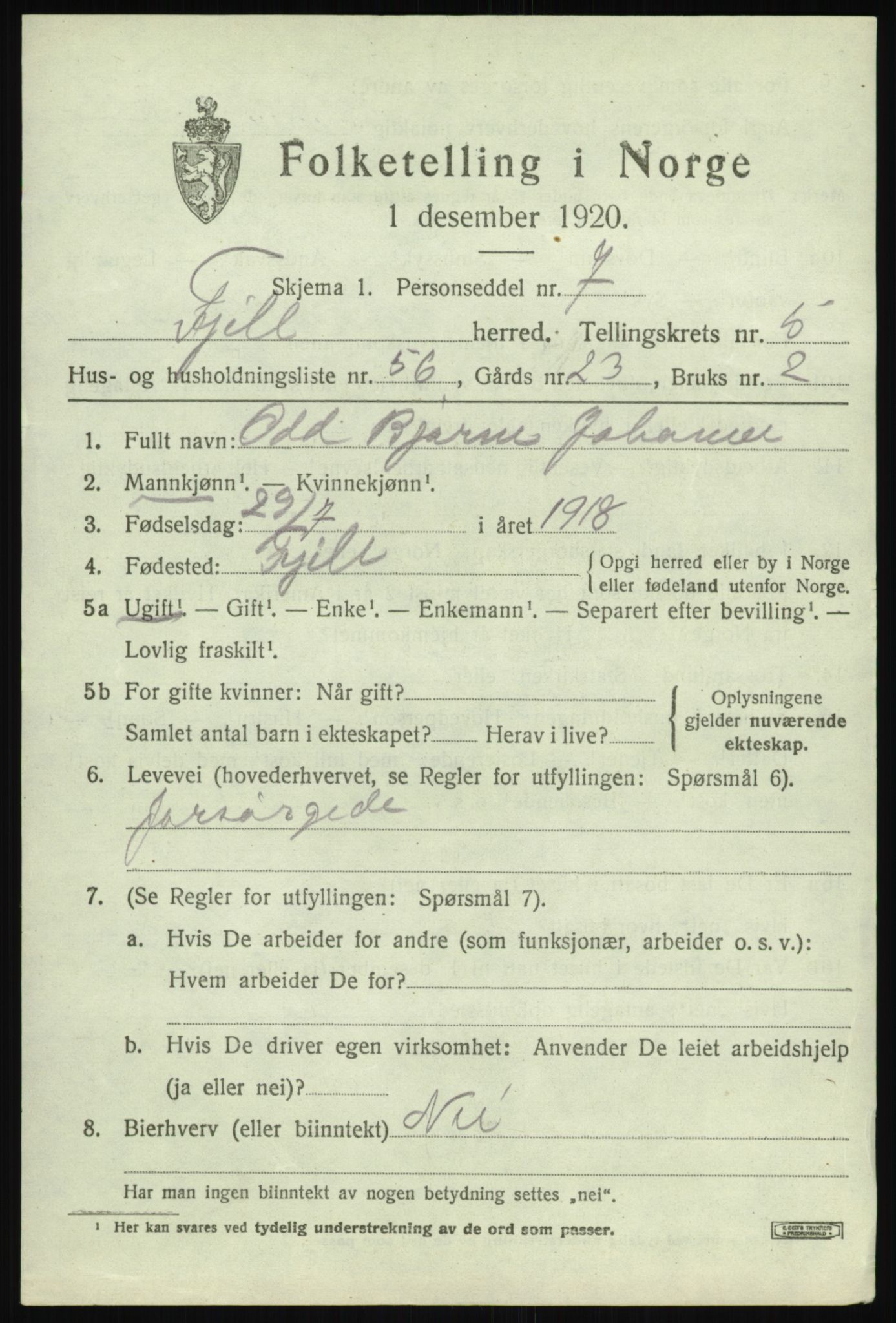 SAB, 1920 census for Fjell, 1920, p. 5210