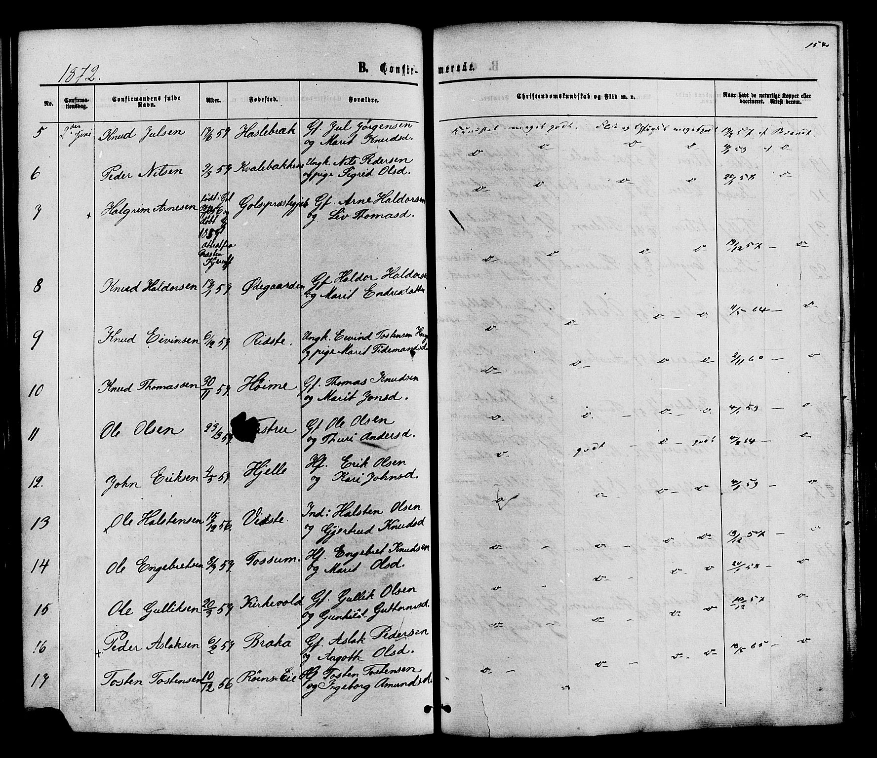 Vestre Slidre prestekontor, SAH/PREST-136/H/Ha/Haa/L0003: Parish register (official) no. 3, 1865-1880, p. 154