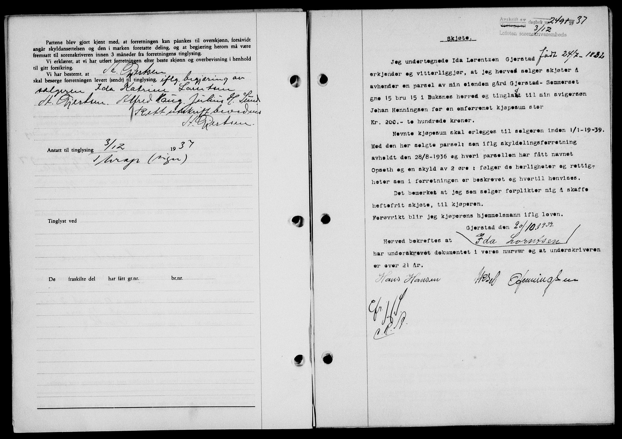 Lofoten sorenskriveri, SAT/A-0017/1/2/2C/L0003a: Mortgage book no. 3a, 1937-1938, Diary no: : 2491/1937