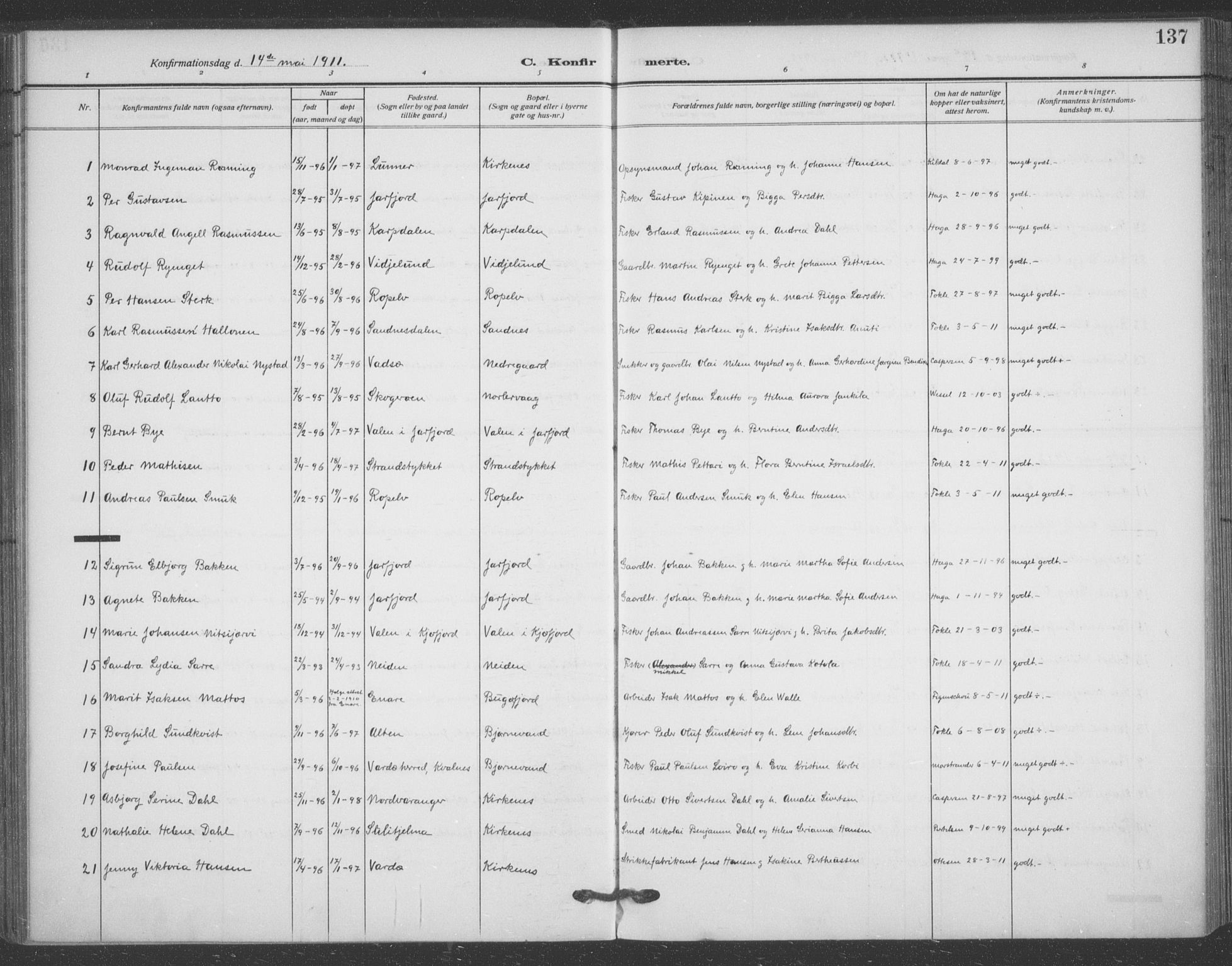 Sør-Varanger sokneprestkontor, SATØ/S-1331/H/Ha/L0005kirke: Parish register (official) no. 5, 1909-1919, p. 137