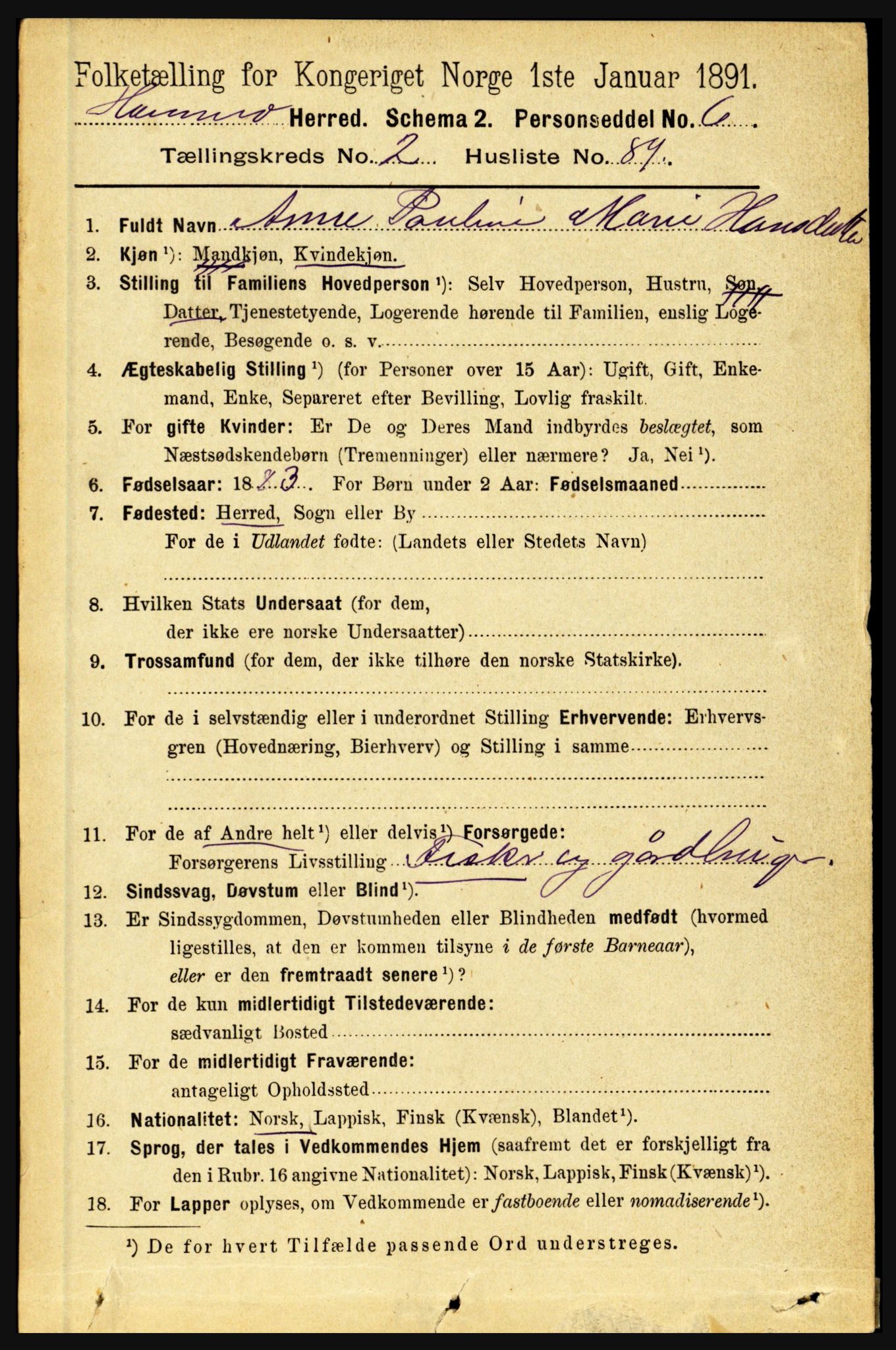 RA, 1891 census for 1849 Hamarøy, 1891, p. 1158