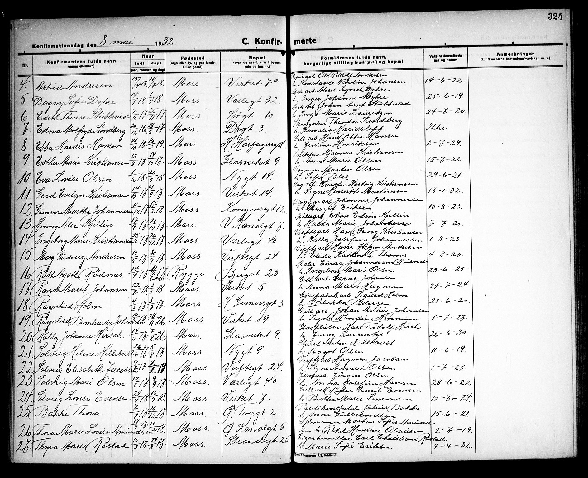 Moss prestekontor Kirkebøker, AV/SAO-A-2003/G/Ga/L0009: Parish register (copy) no. I 9, 1924-1937, p. 324