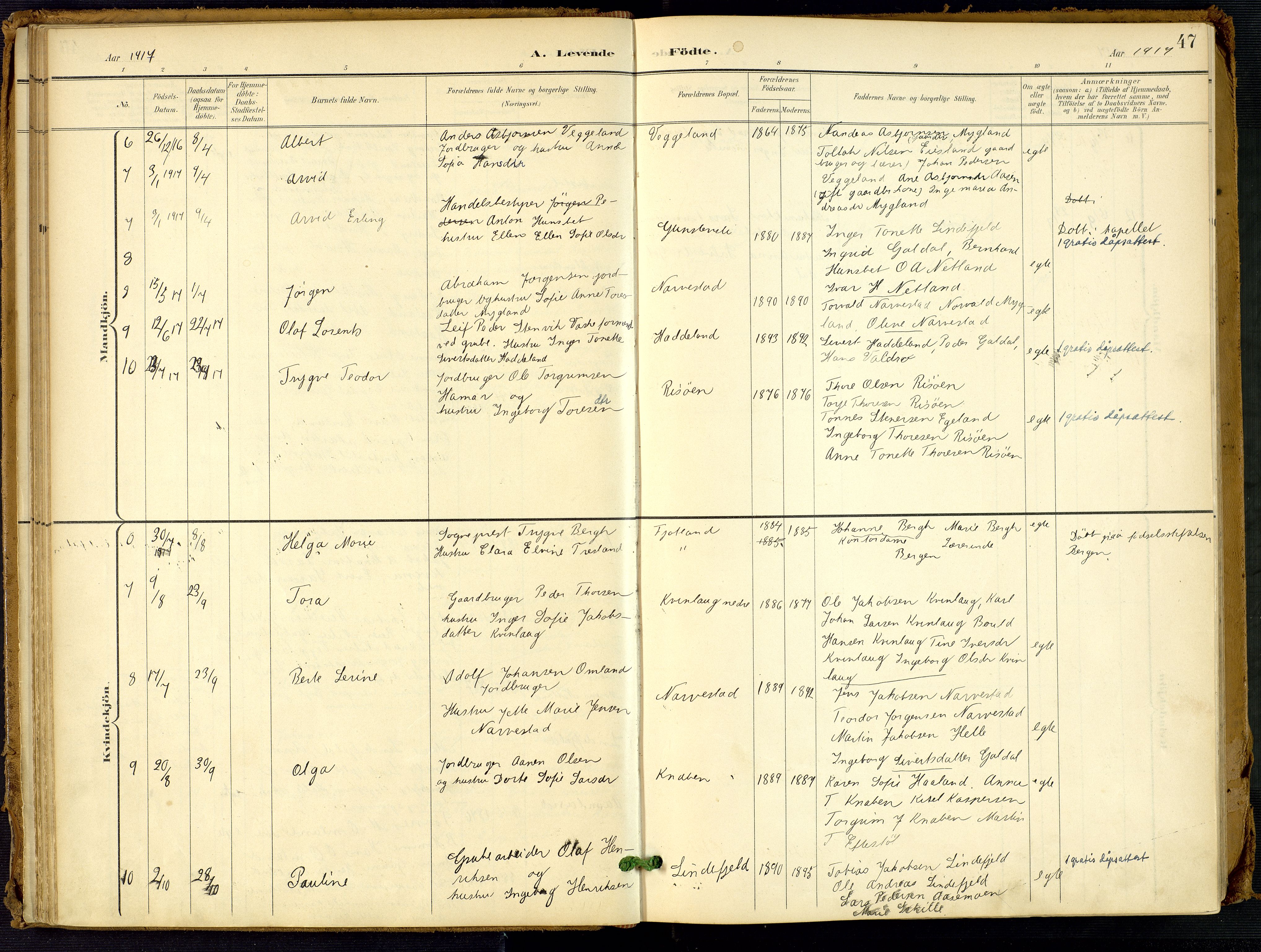 Fjotland sokneprestkontor, SAK/1111-0010/F/Fa/L0003: Parish register (official) no. A 3, 1899-1917, p. 47