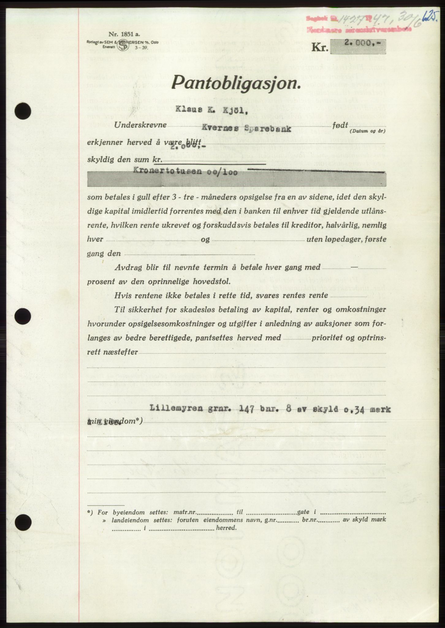 Nordmøre sorenskriveri, AV/SAT-A-4132/1/2/2Ca: Mortgage book no. B96, 1947-1947, Diary no: : 1427/1947