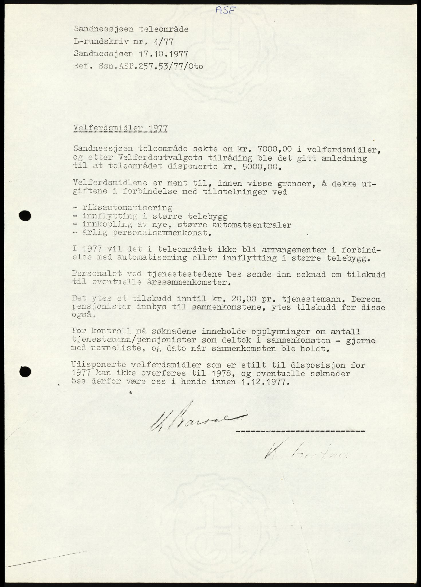 Televerket, Sandnessjøen teleområde, AV/SAT-A-5303/F/L0056: Lokale rundskriv (L-rundskriv), 1977-1995, p. 3