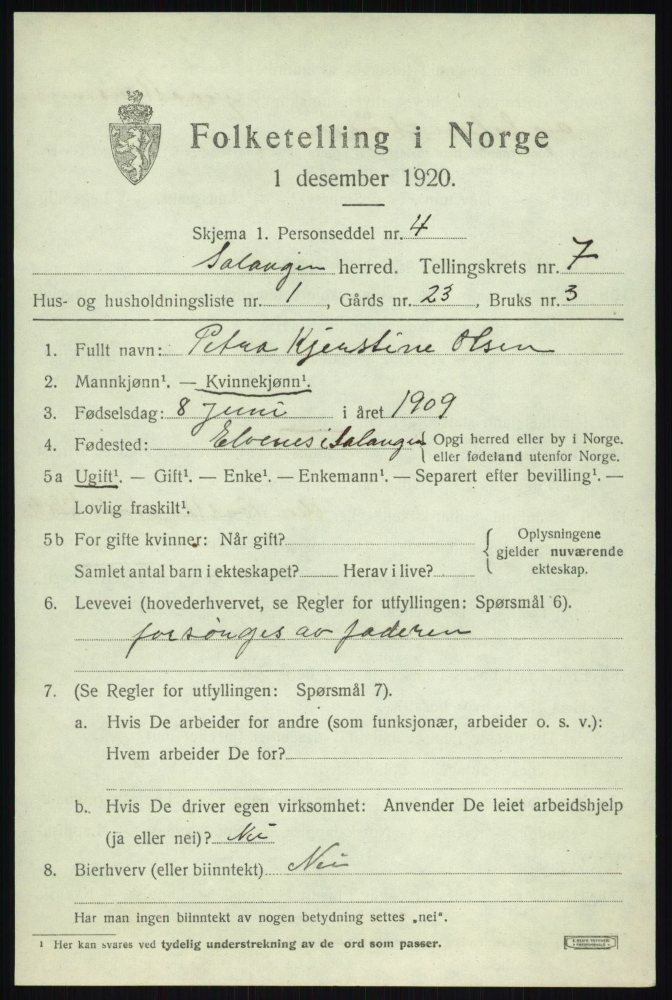 SATØ, 1920 census for Salangen, 1920, p. 4602