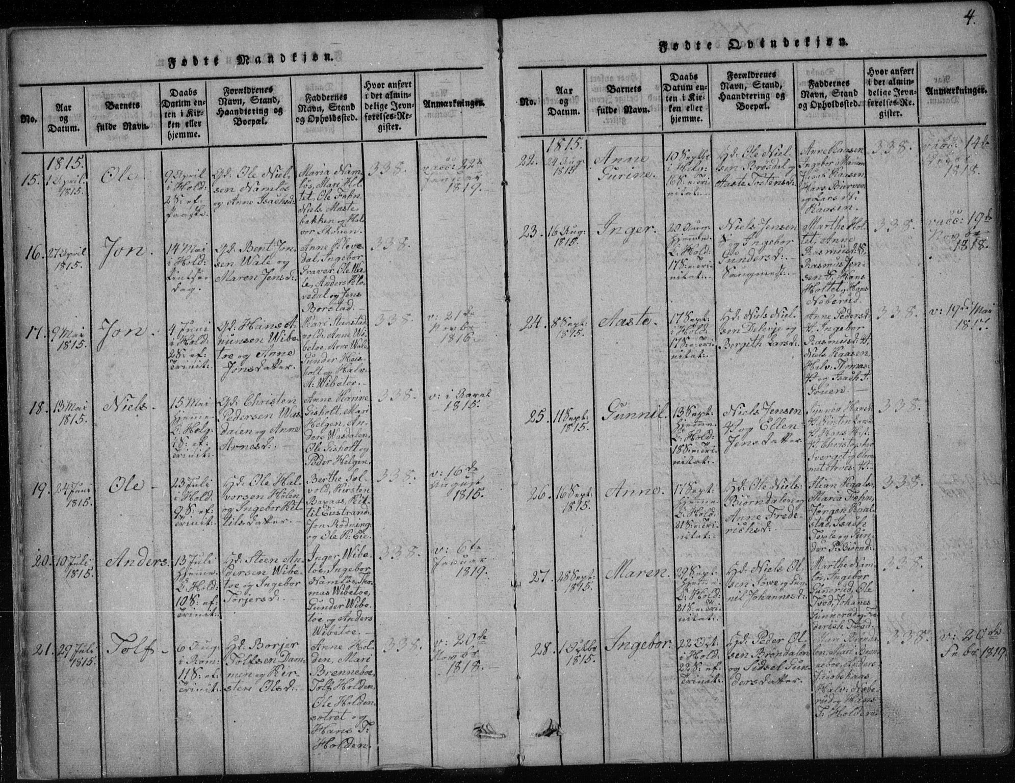 Holla kirkebøker, AV/SAKO-A-272/F/Fa/L0003: Parish register (official) no. 3, 1815-1830, p. 4