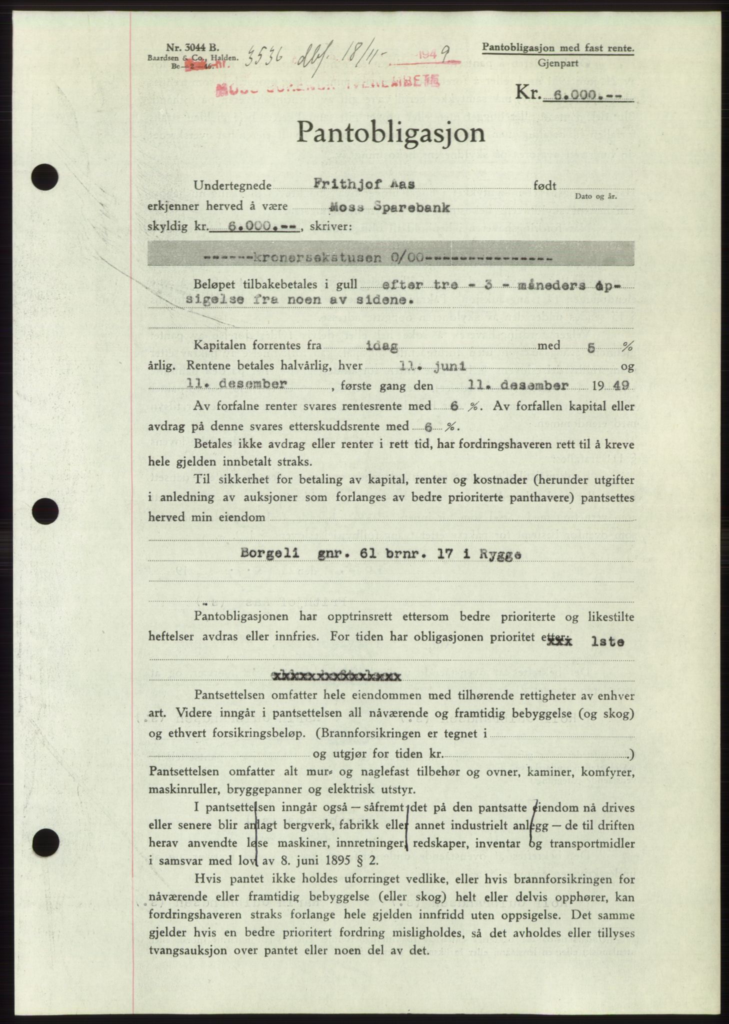 Moss sorenskriveri, SAO/A-10168: Mortgage book no. B23, 1949-1950, Diary no: : 3536/1949