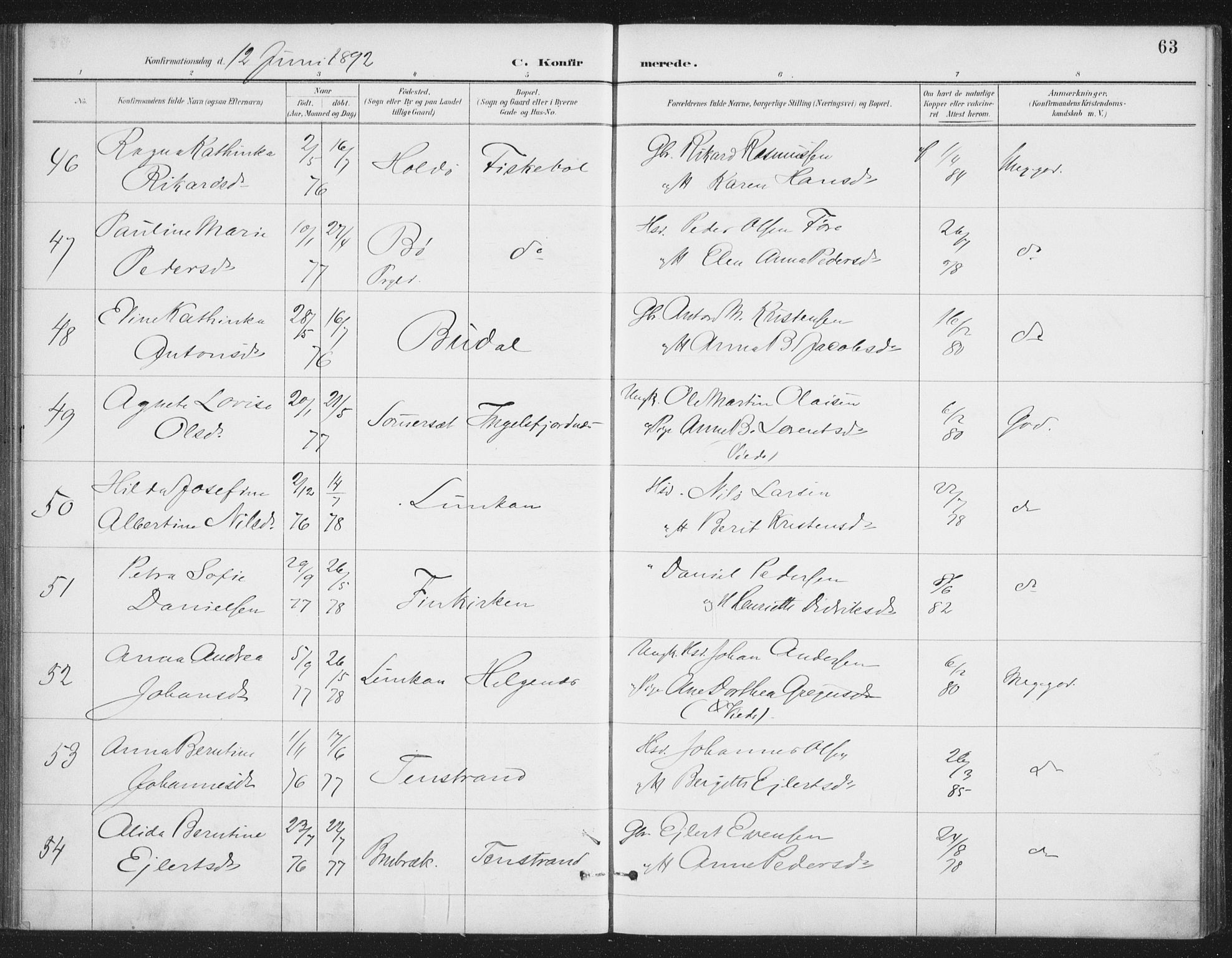 Ministerialprotokoller, klokkerbøker og fødselsregistre - Nordland, AV/SAT-A-1459/888/L1245: Parish register (official) no. 888A11, 1888-1900, p. 63