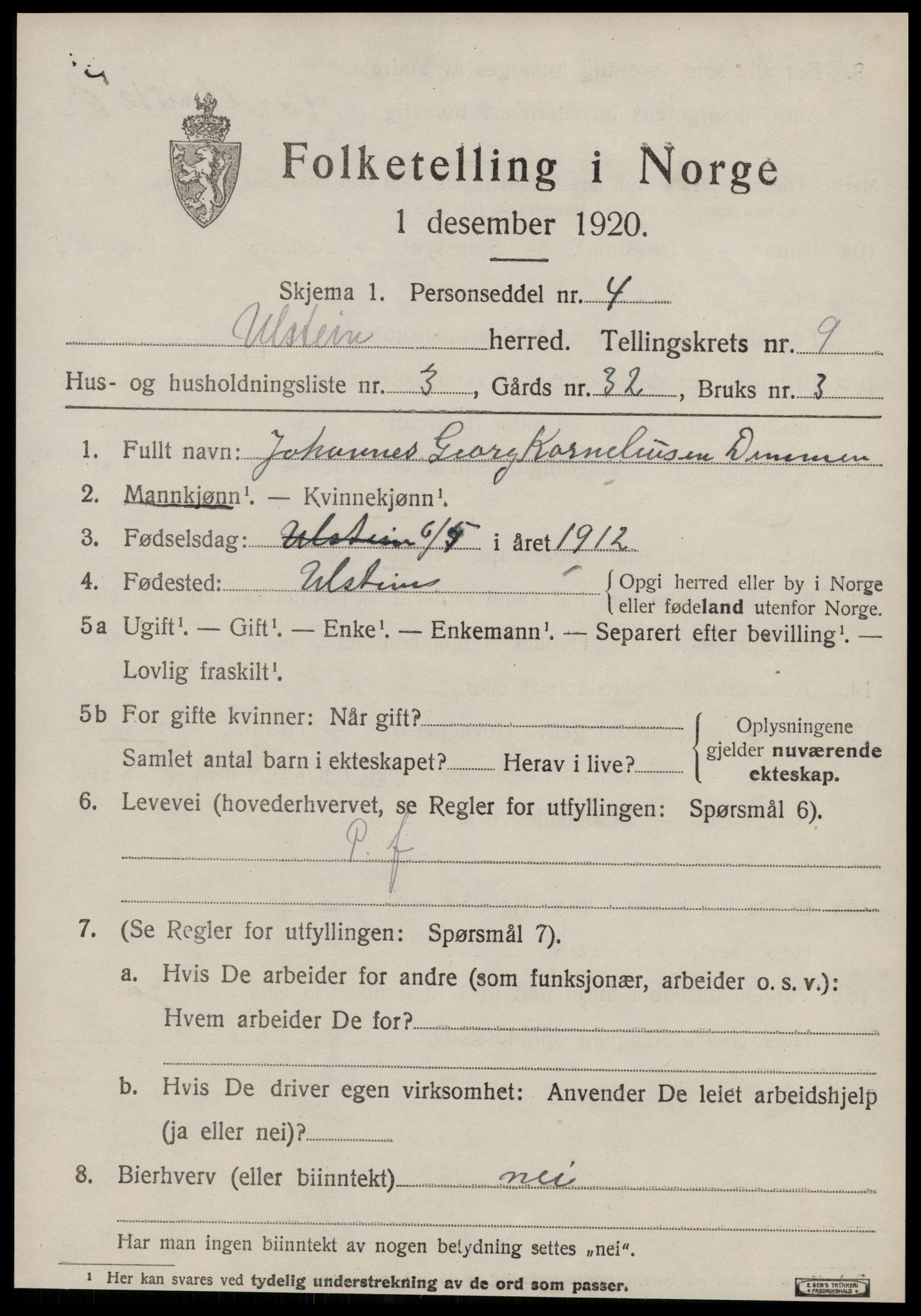 SAT, 1920 census for Ulstein, 1920, p. 5018