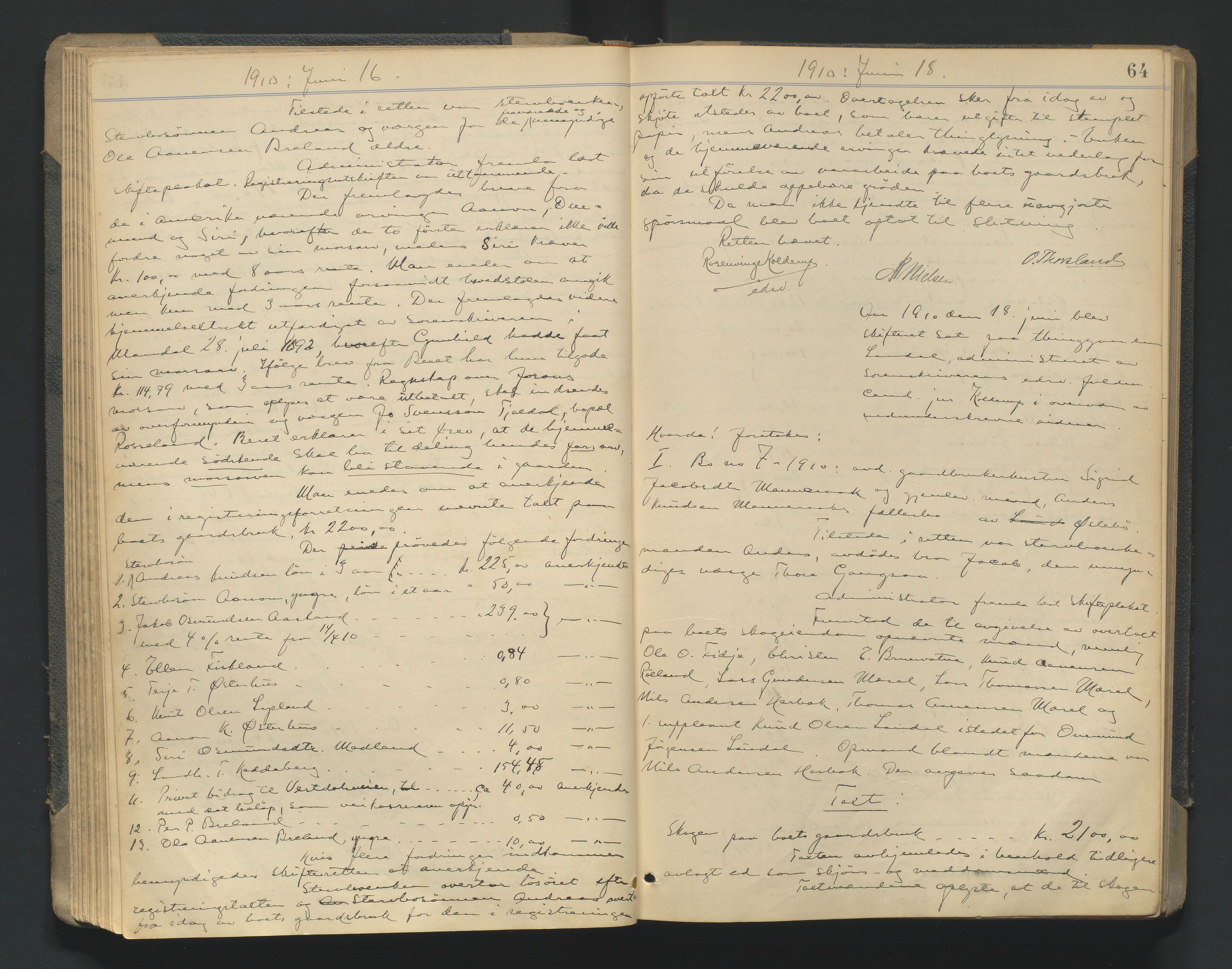 Mandal sorenskriveri, AV/SAK-1221-0005/001/H/Hc/L0081: Skifteforhandlingsprotokoll nr 13, 1909-1913, p. 64