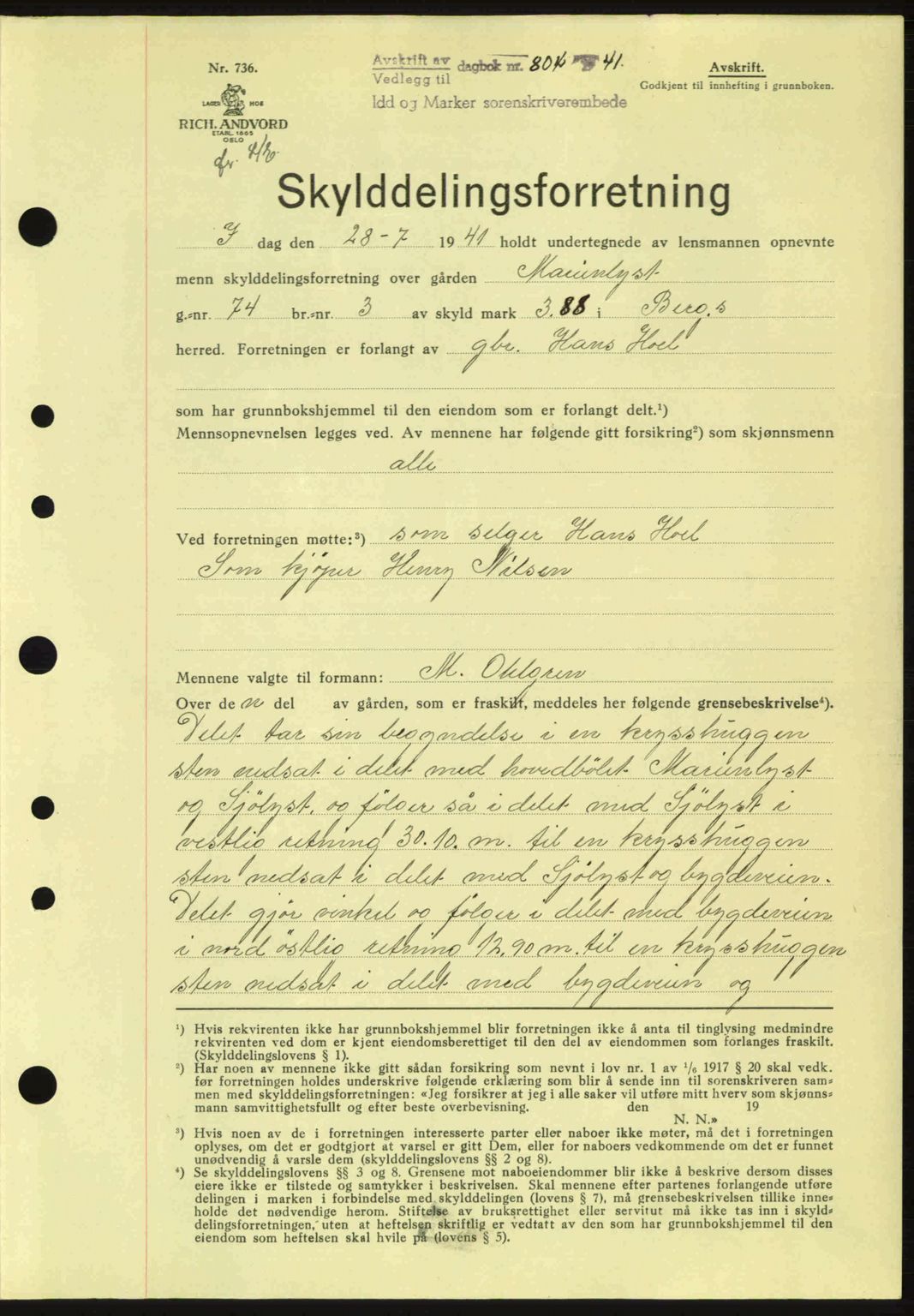 Idd og Marker sorenskriveri, AV/SAO-A-10283/G/Gb/Gbb/L0004: Mortgage book no. A4, 1940-1941, Diary no: : 804/1941