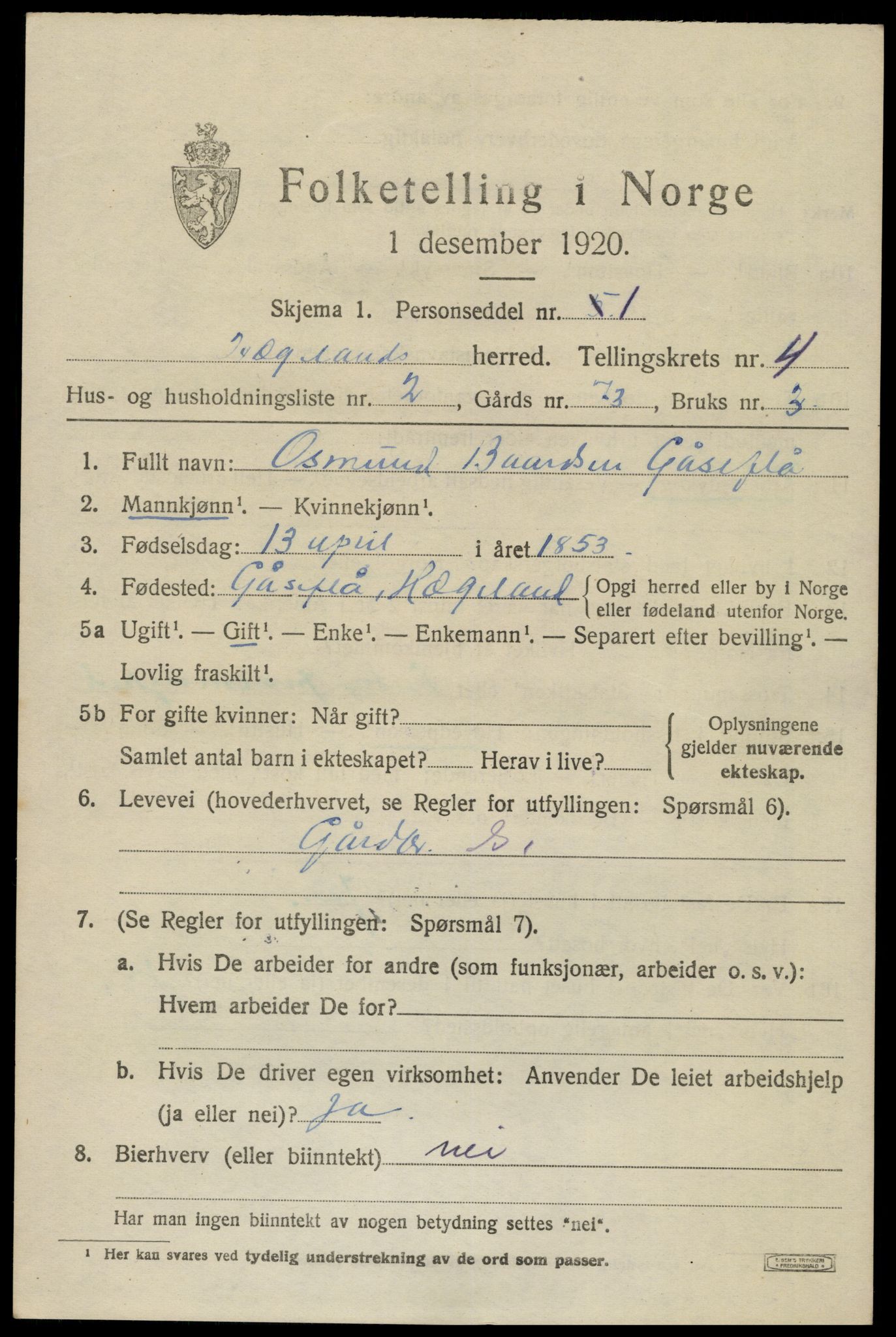 SAK, 1920 census for Hægeland, 1920, p. 1375