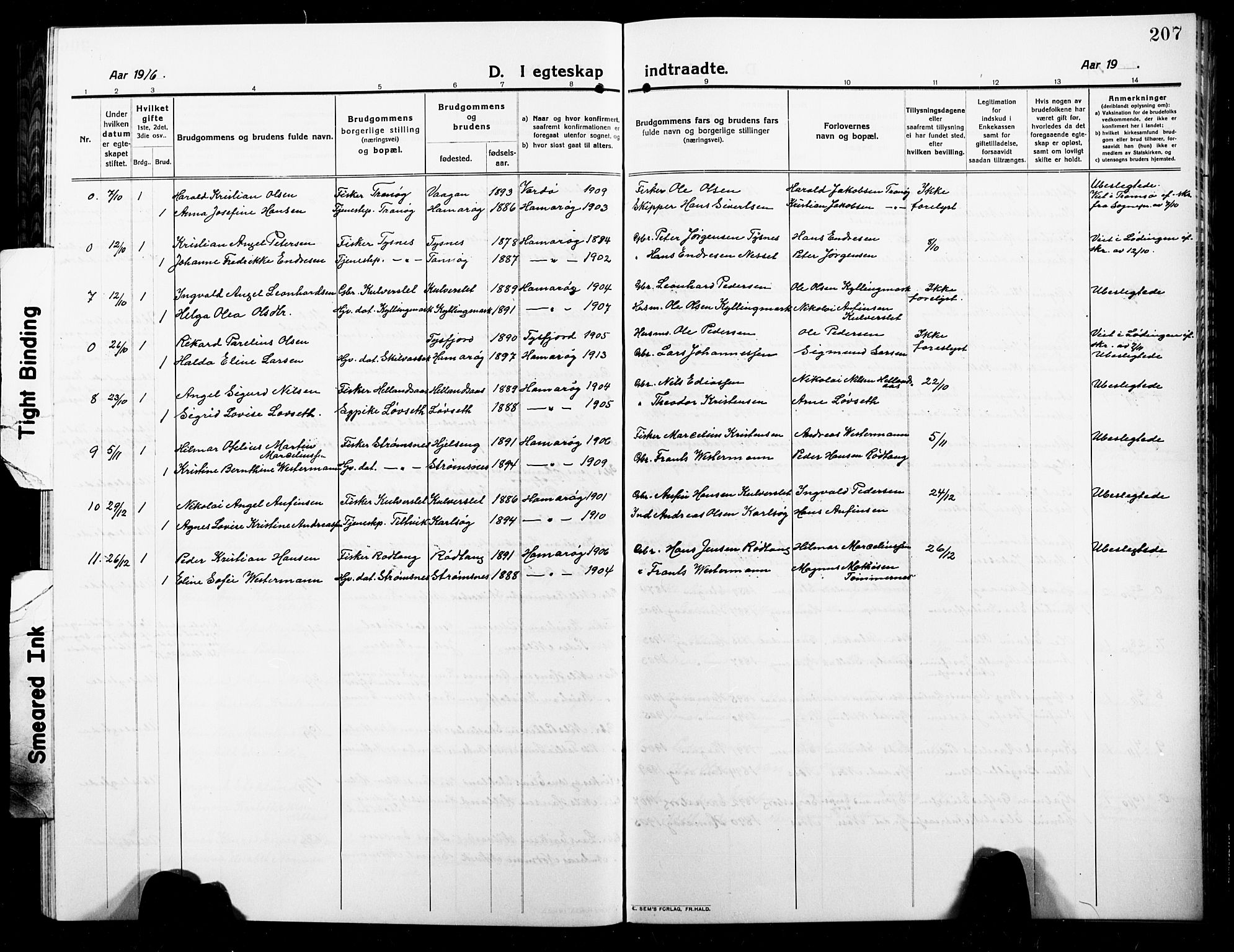 Ministerialprotokoller, klokkerbøker og fødselsregistre - Nordland, AV/SAT-A-1459/859/L0861: Parish register (copy) no. 859C07, 1910-1925, p. 207