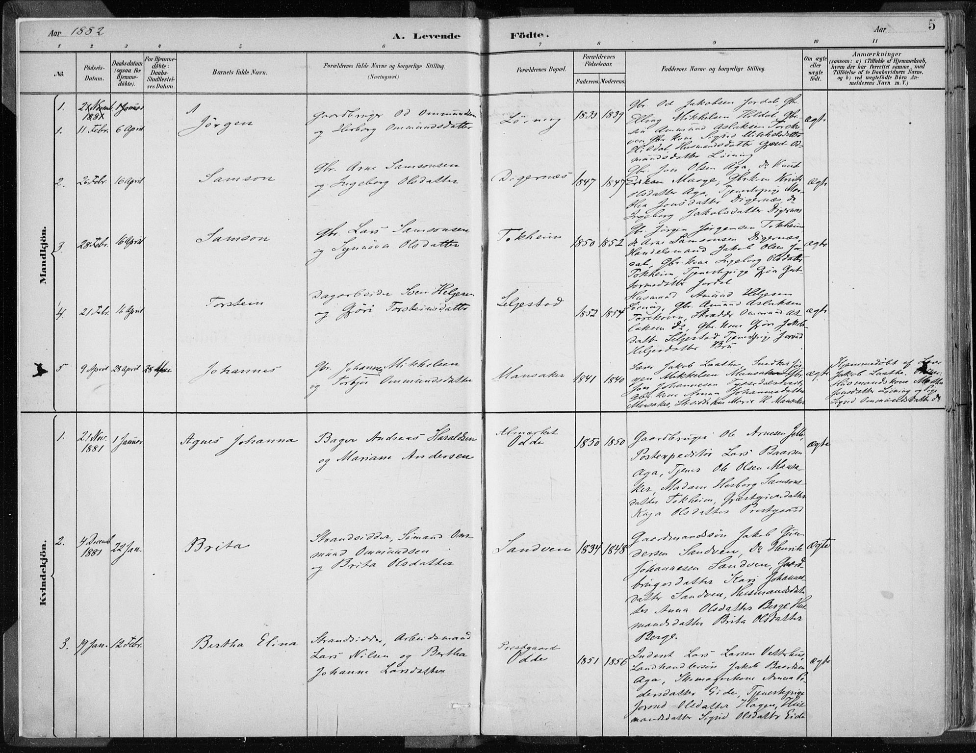 Odda Sokneprestembete, SAB/A-77201/H/Haa: Parish register (official) no. A  3, 1882-1913, p. 5