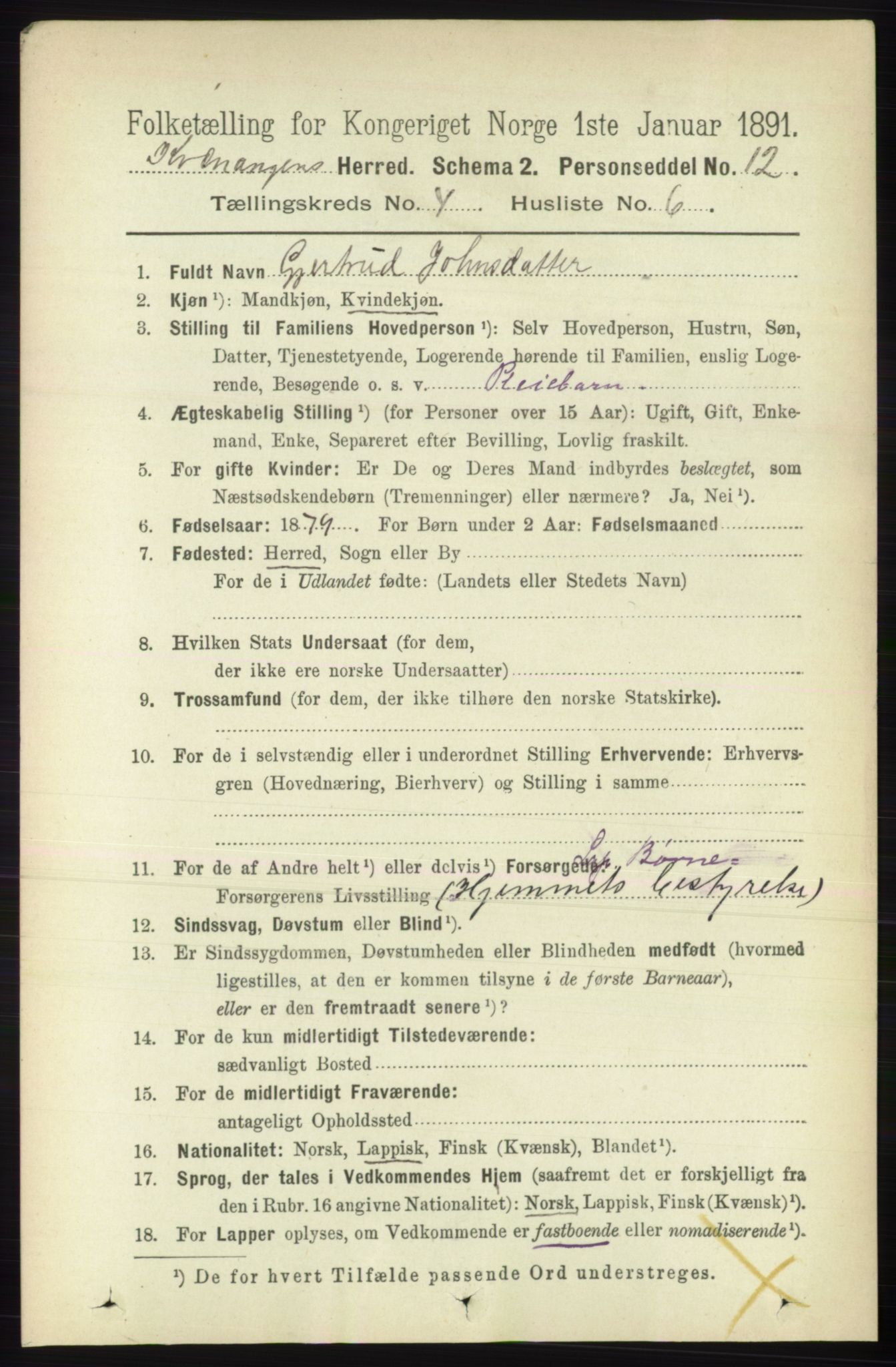 RA, 1891 census for 1943 Kvænangen, 1891, p. 1575