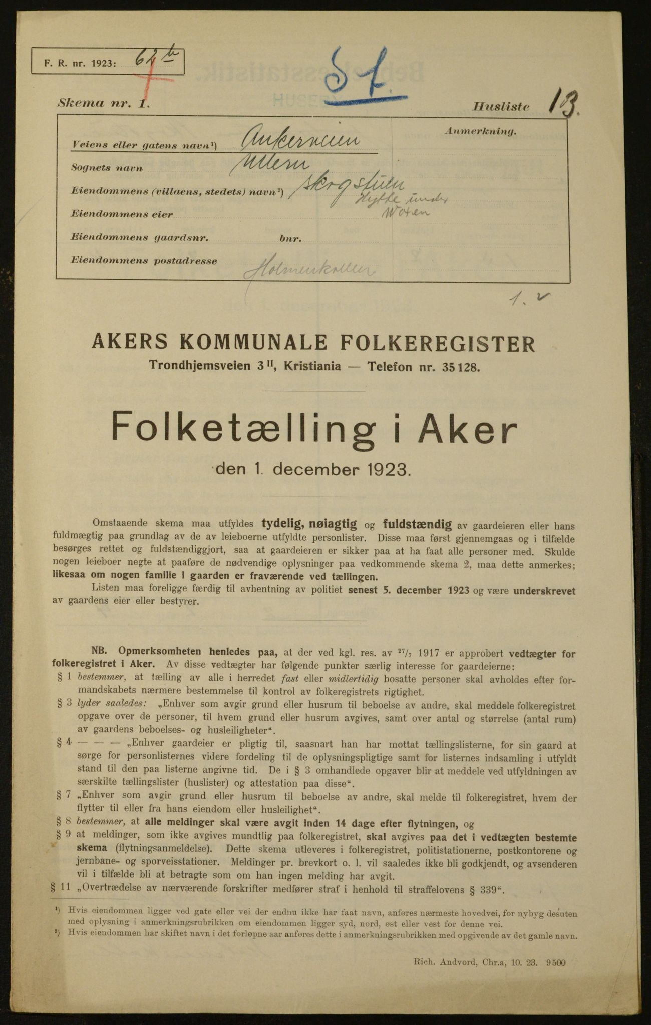 , Municipal Census 1923 for Aker, 1923, p. 312