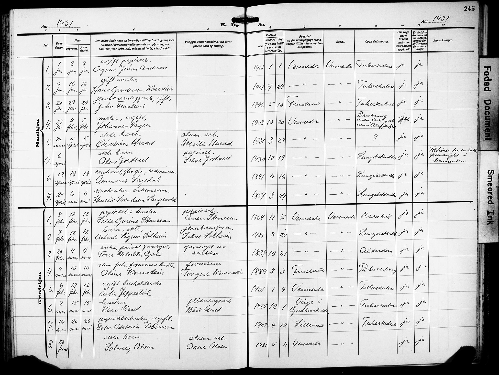 Vennesla sokneprestkontor, AV/SAK-1111-0045/Fb/Fbb/L0007: Parish register (copy) no. B 7, 1922-1933, p. 245