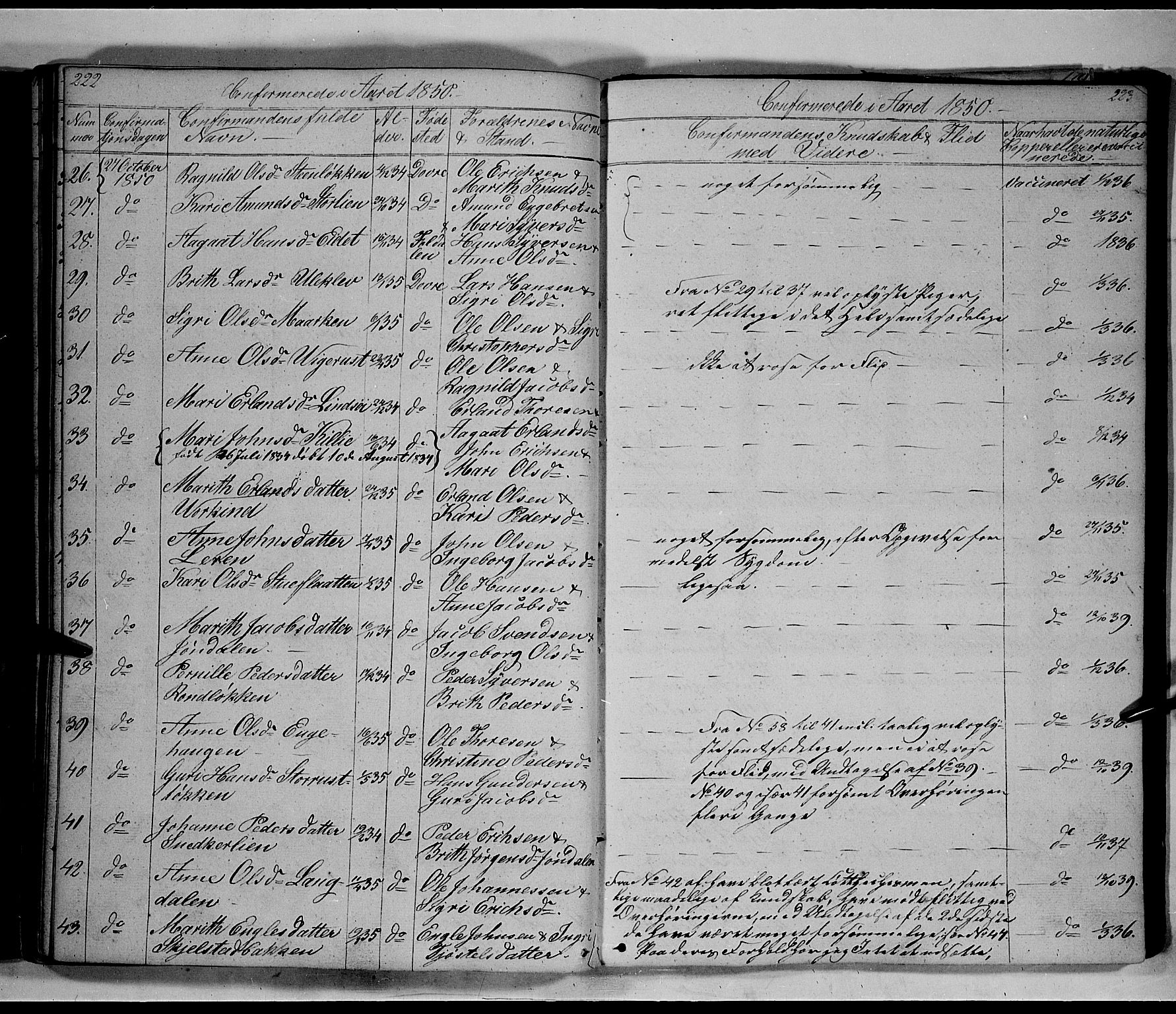 Lesja prestekontor, SAH/PREST-068/H/Ha/Hab/L0003: Parish register (copy) no. 3, 1842-1862, p. 222-223