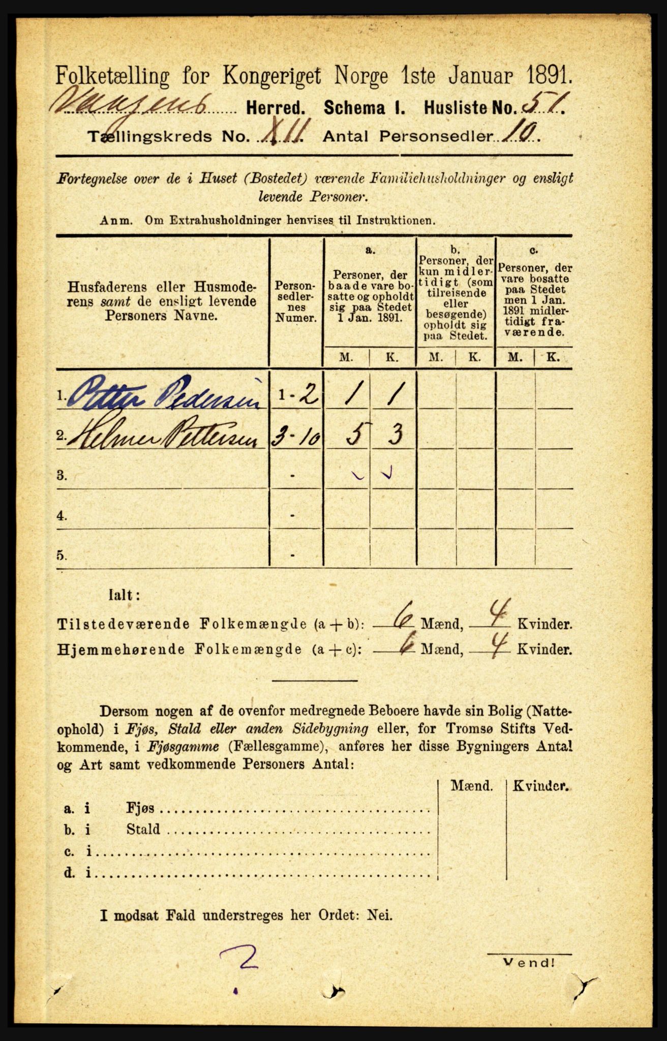 RA, 1891 census for 1865 Vågan, 1891, p. 2884