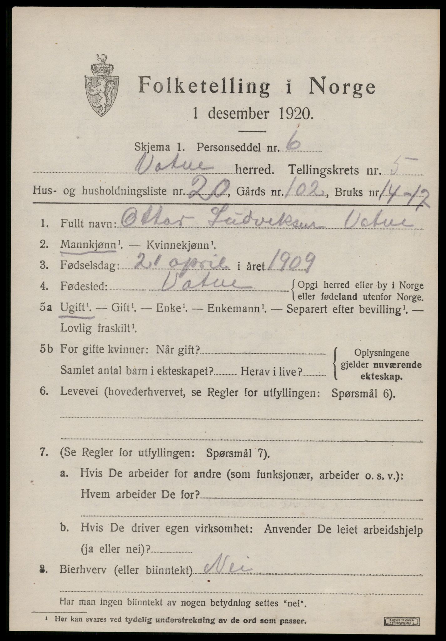 SAT, 1920 census for Vatne, 1920, p. 2422
