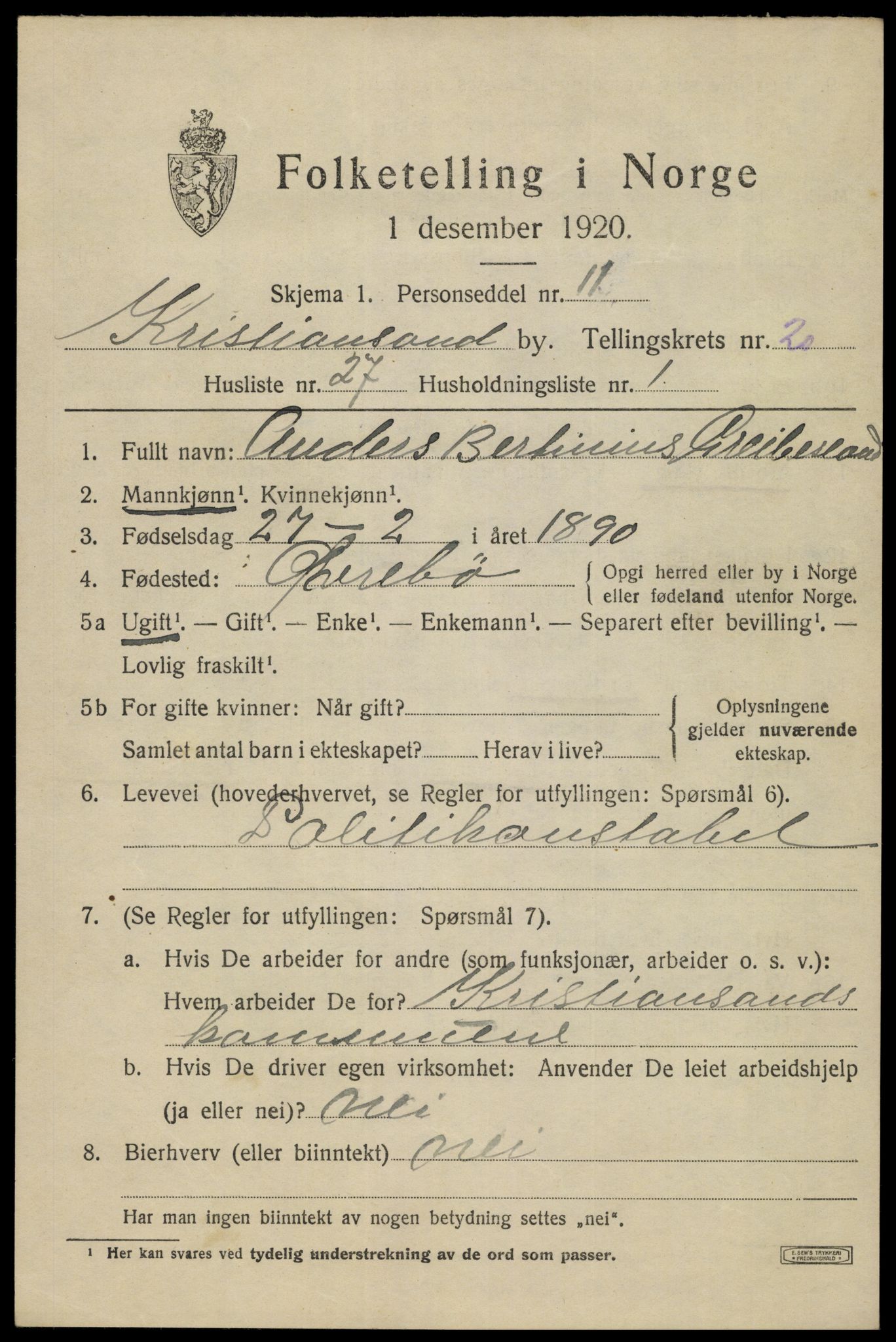 SAK, 1920 census for Kristiansand, 1920, p. 36279