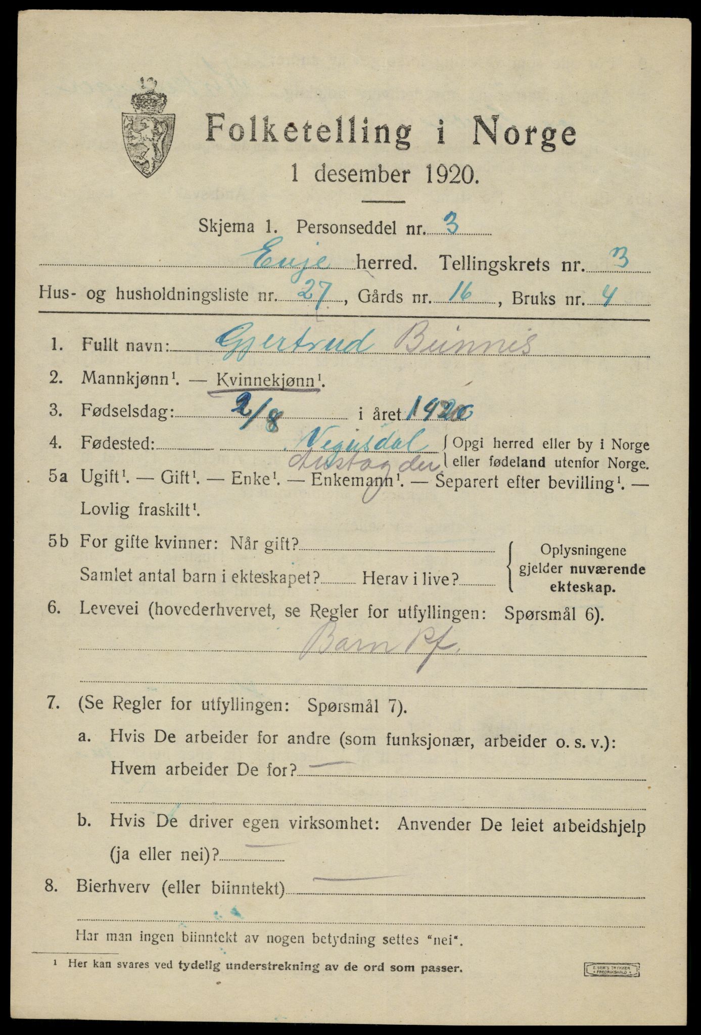 SAK, 1920 census for Evje, 1920, p. 1310