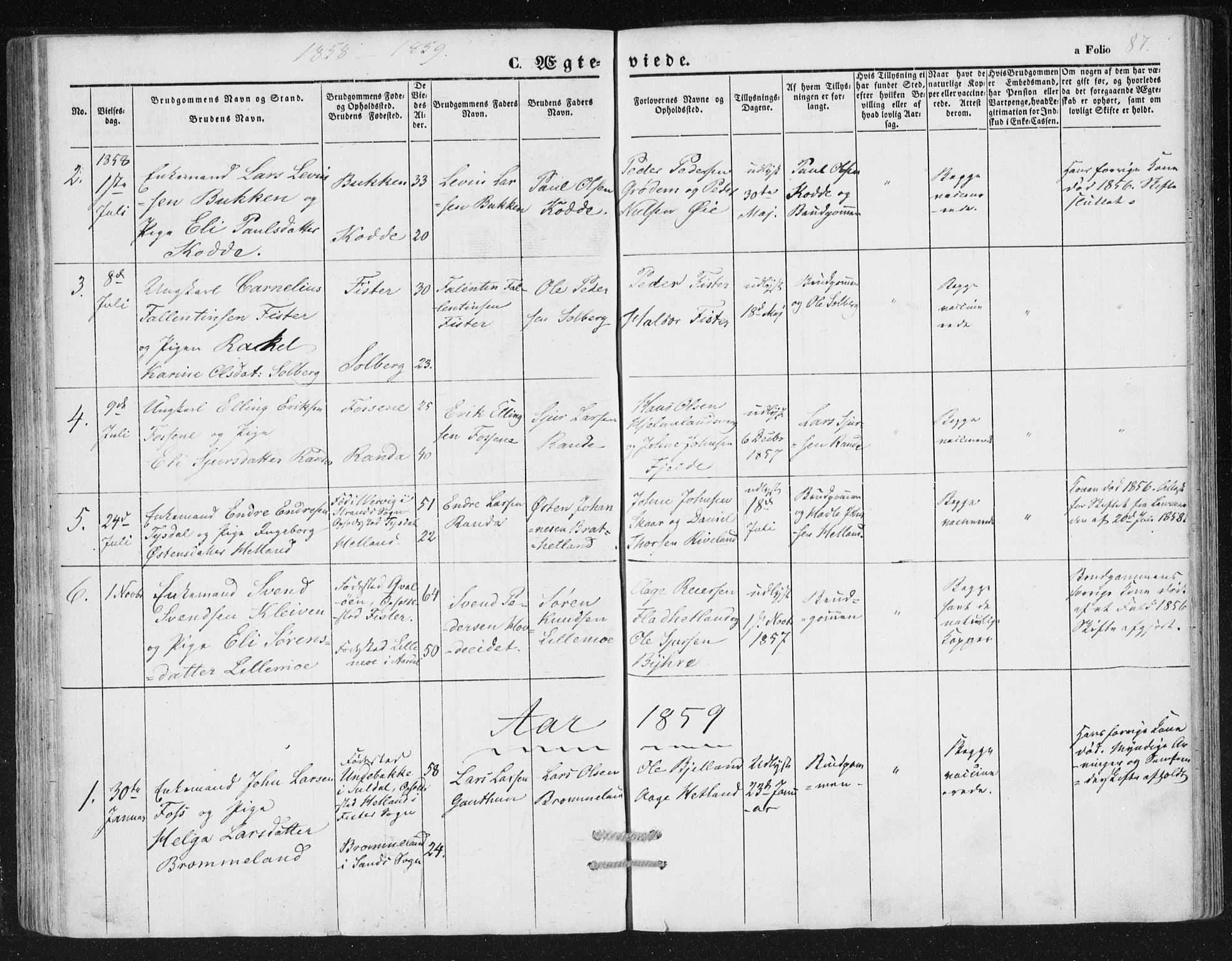 Hjelmeland sokneprestkontor, AV/SAST-A-101843/01/IV/L0010: Parish register (official) no. A 10, 1851-1871, p. 87