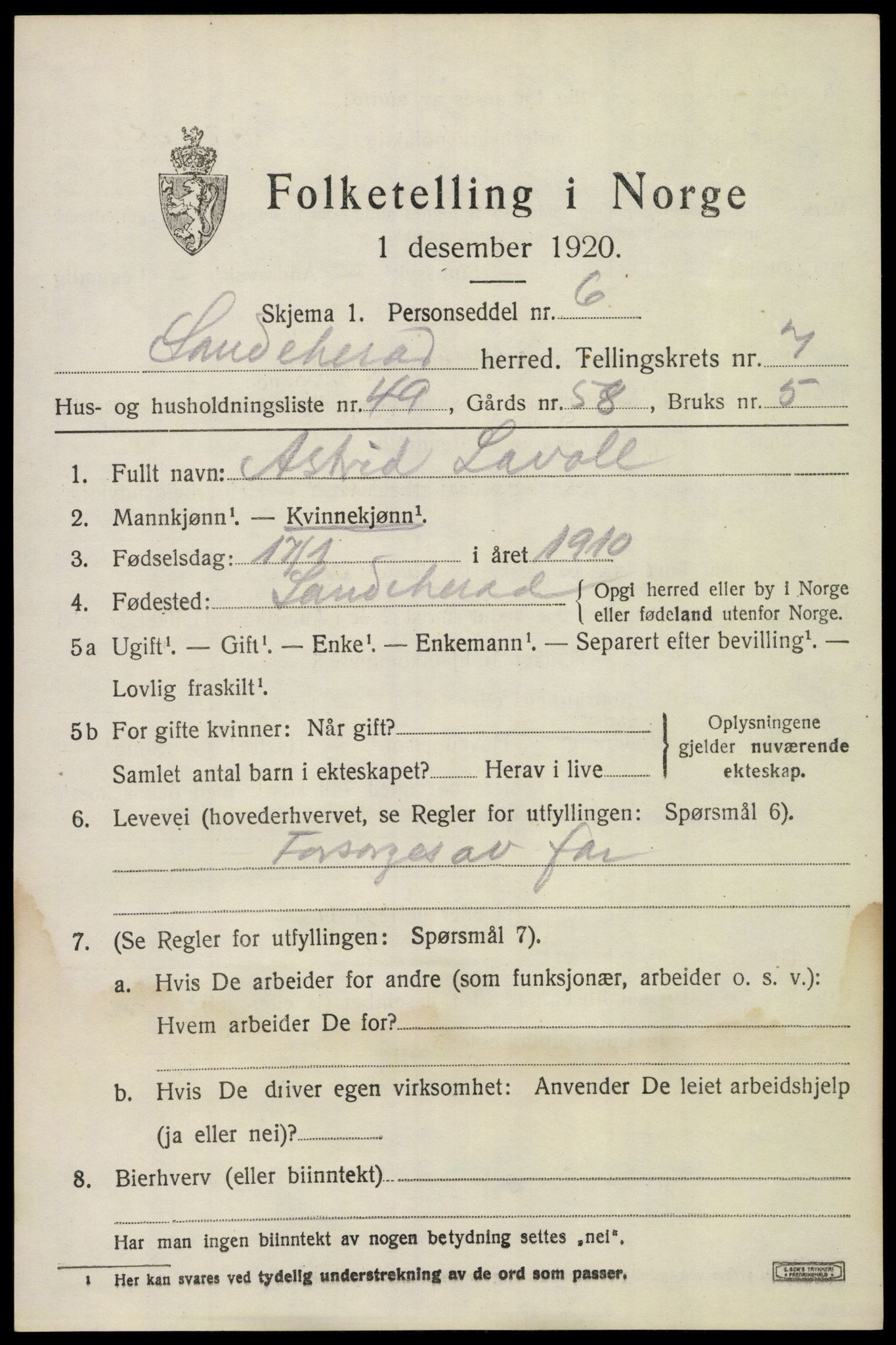 SAKO, 1920 census for Sandeherred, 1920, p. 12498
