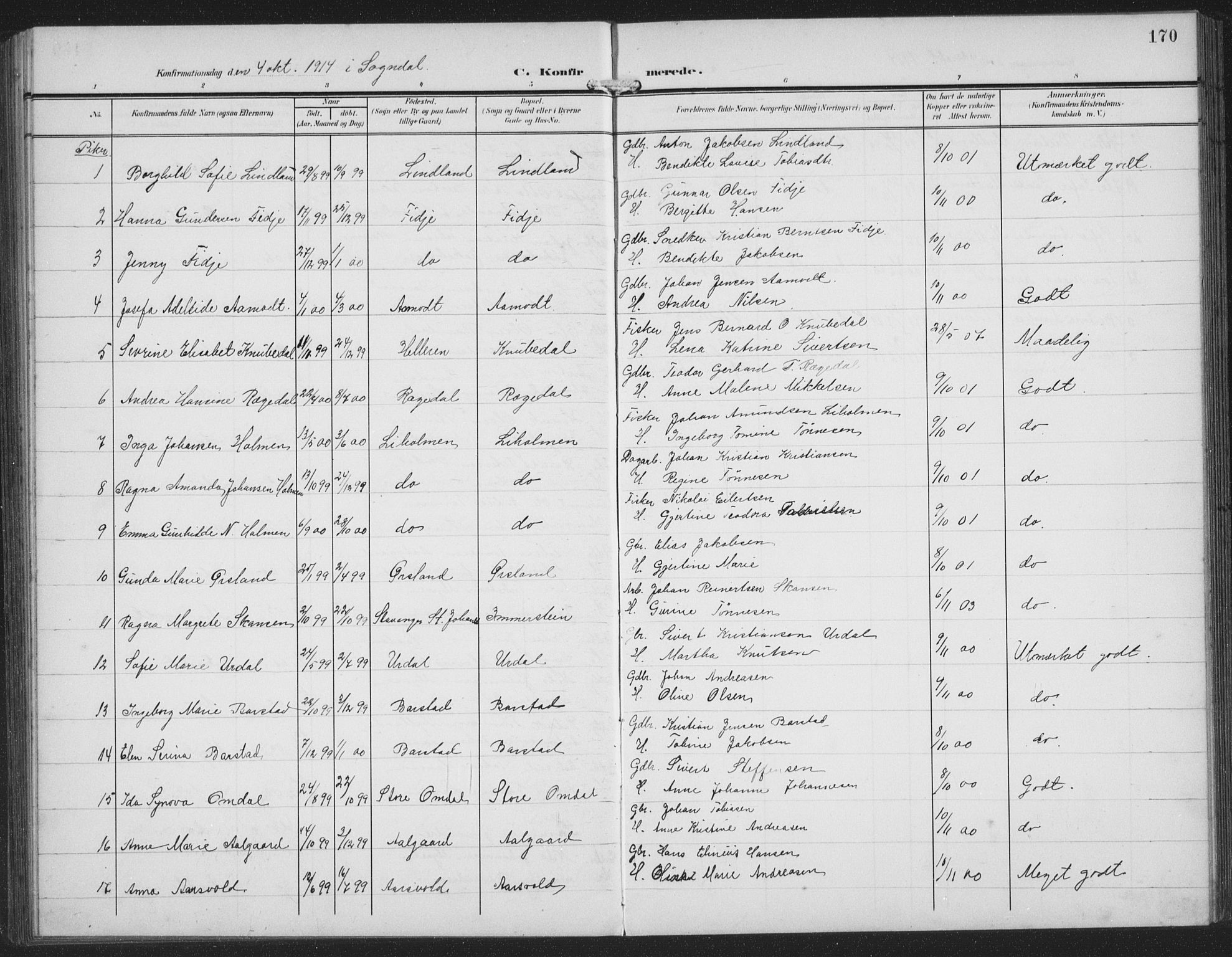 Sokndal sokneprestkontor, AV/SAST-A-101808: Parish register (copy) no. B 8, 1908-1934, p. 170