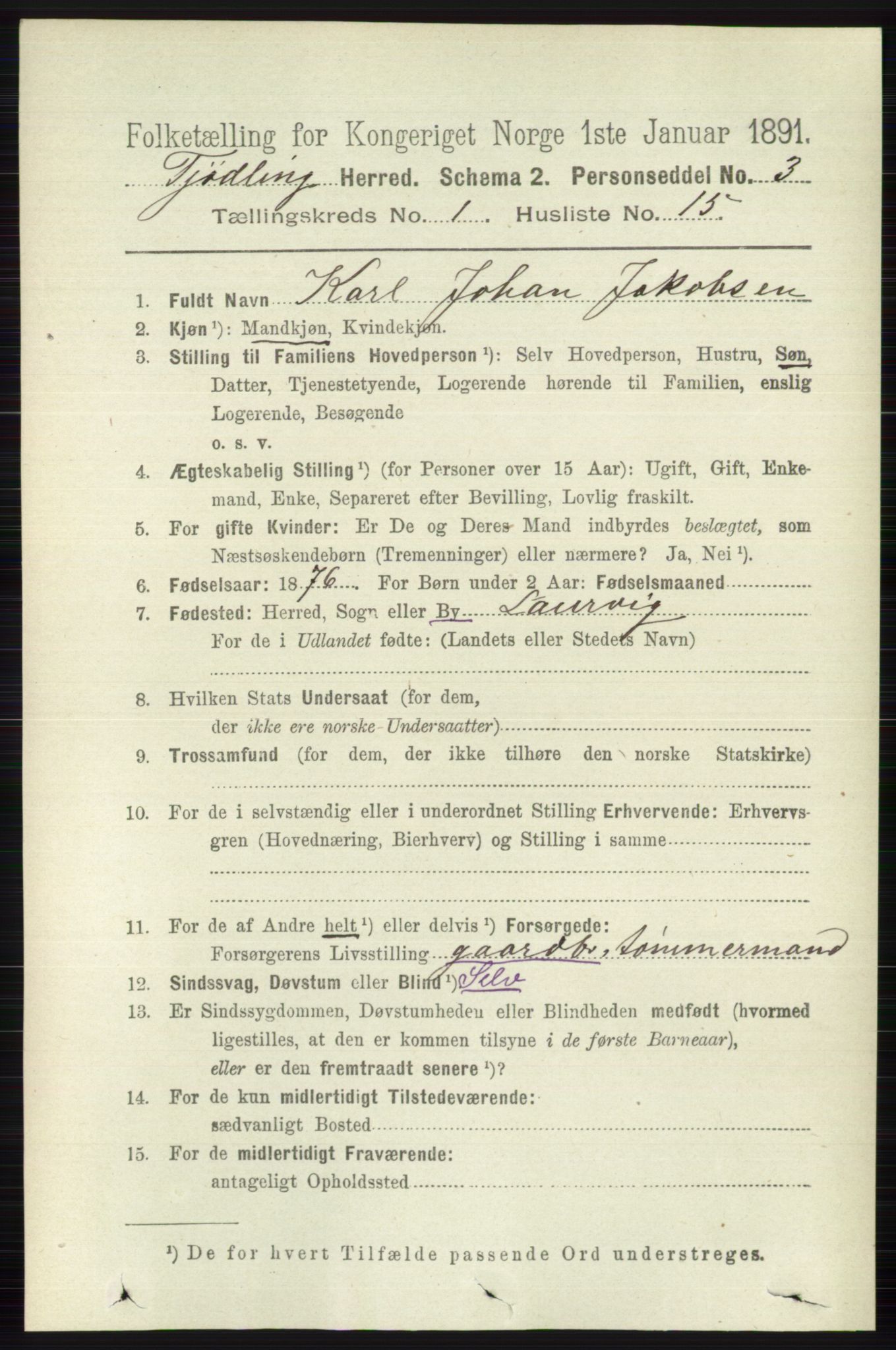 RA, 1891 census for 0725 Tjølling, 1891, p. 184