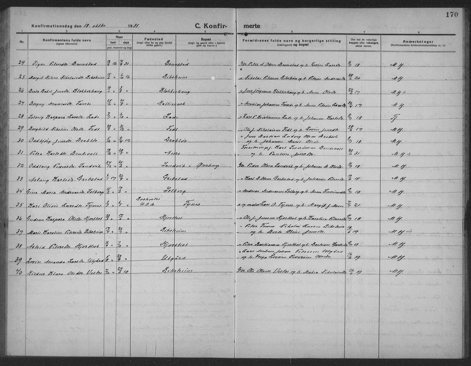 Ministerialprotokoller, klokkerbøker og fødselsregistre - Møre og Romsdal, AV/SAT-A-1454/523/L0342: Parish register (copy) no. 523C05, 1916-1937, p. 170