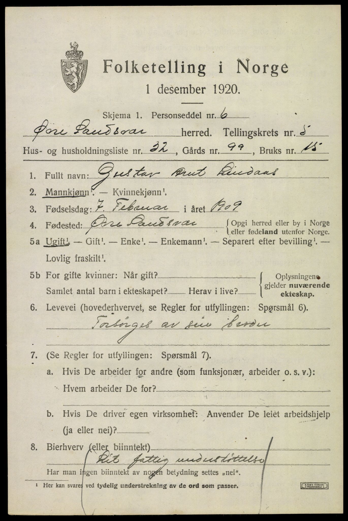 SAKO, 1920 census for Øvre Sandsvær, 1920, p. 3160