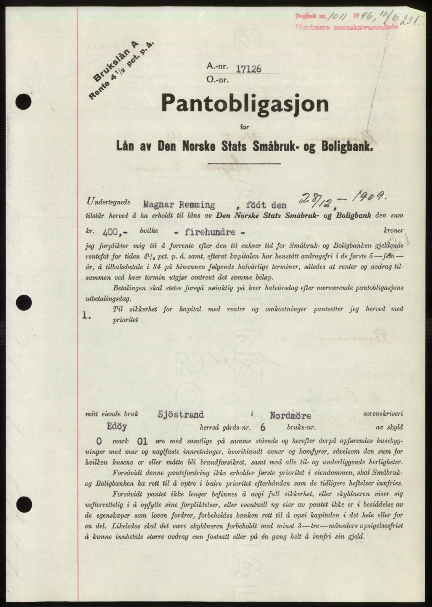 Nordmøre sorenskriveri, AV/SAT-A-4132/1/2/2Ca: Mortgage book no. B94, 1946-1946, Diary no: : 1011/1946