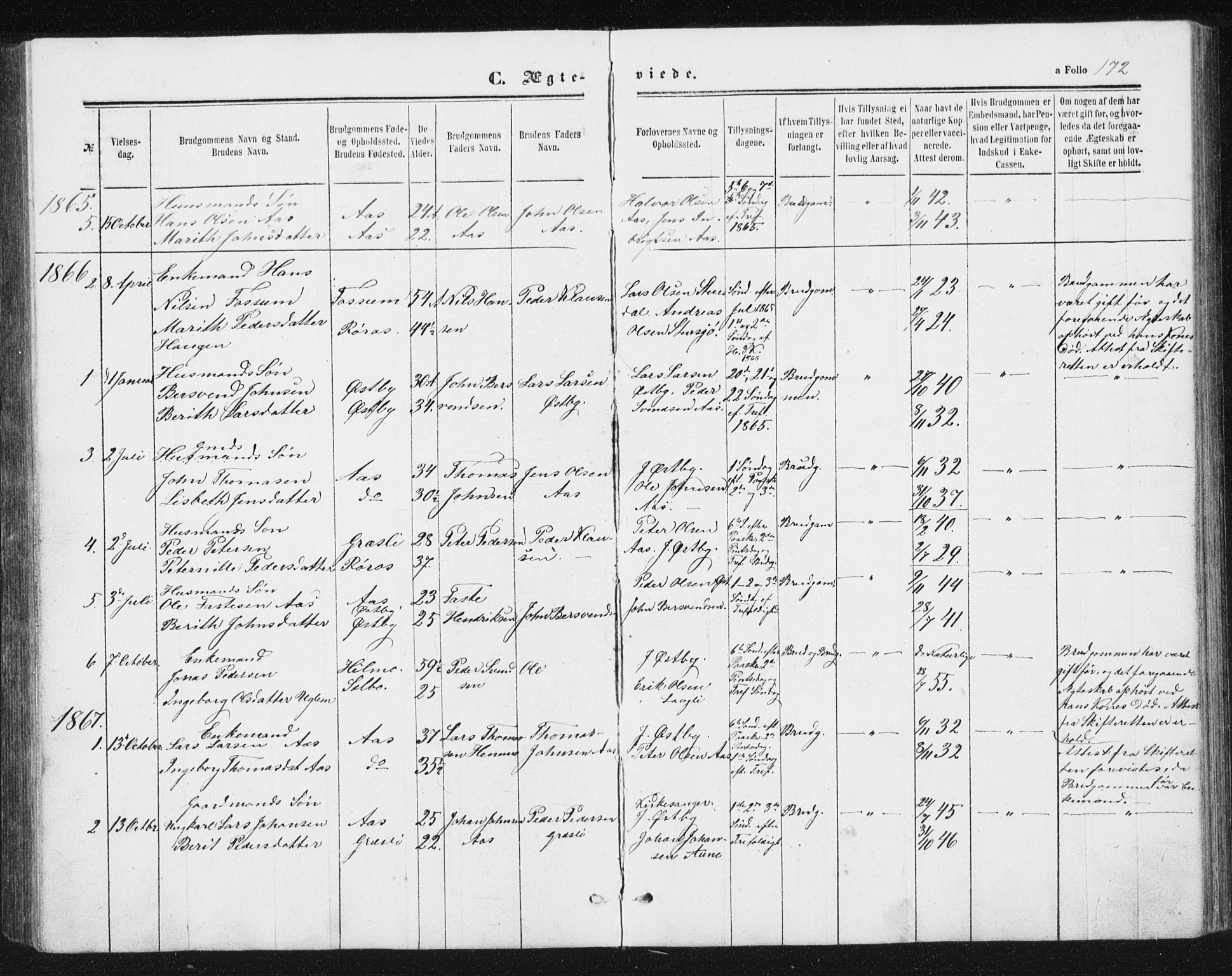 Ministerialprotokoller, klokkerbøker og fødselsregistre - Sør-Trøndelag, SAT/A-1456/698/L1166: Parish register (copy) no. 698C03, 1861-1887, p. 172