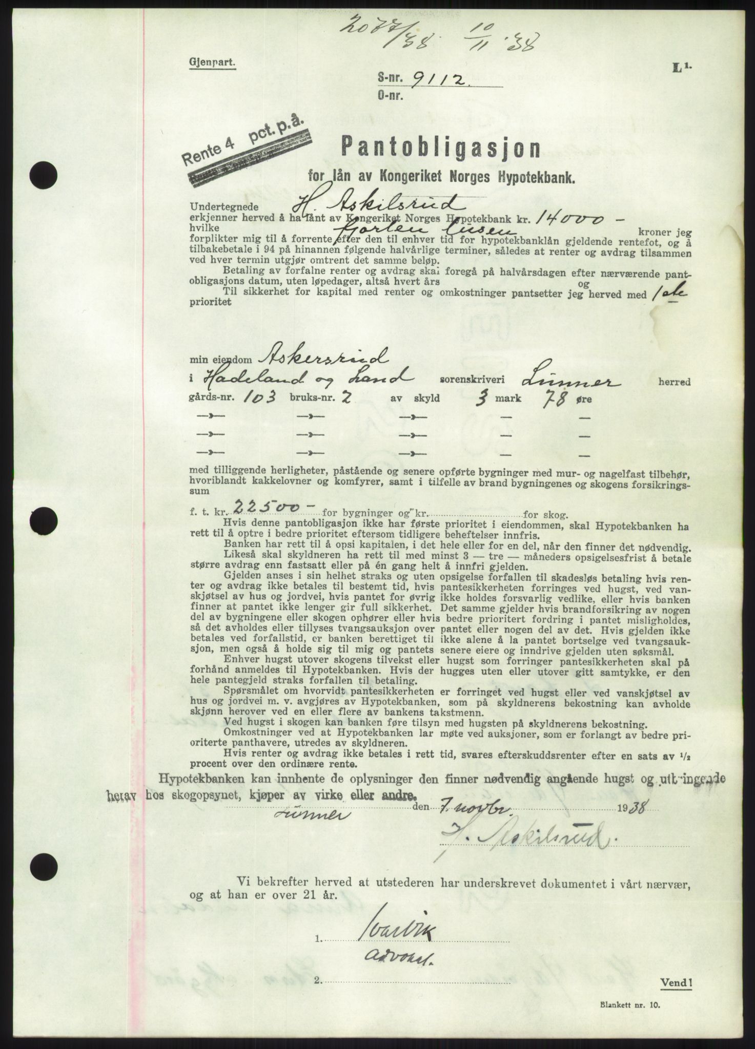 Hadeland og Land tingrett, AV/SAH-TING-010/H/Hb/Hbc/L0004: Mortgage book no. B4, 1938-1939, Diary no: : 2077/1938