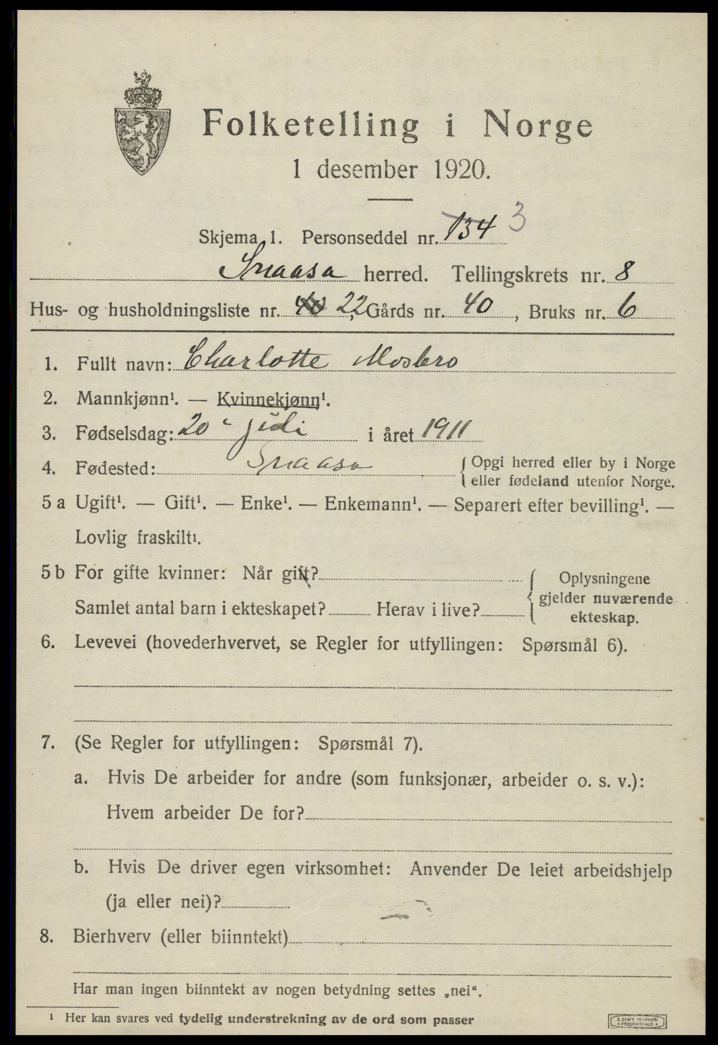 SAT, 1920 census for Snåsa, 1920, p. 3436