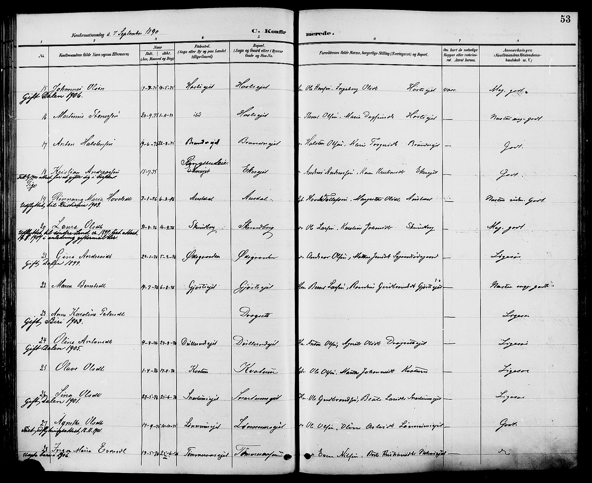 Biri prestekontor, SAH/PREST-096/H/Ha/Haa/L0007: Parish register (official) no. 7, 1887-1893, p. 53