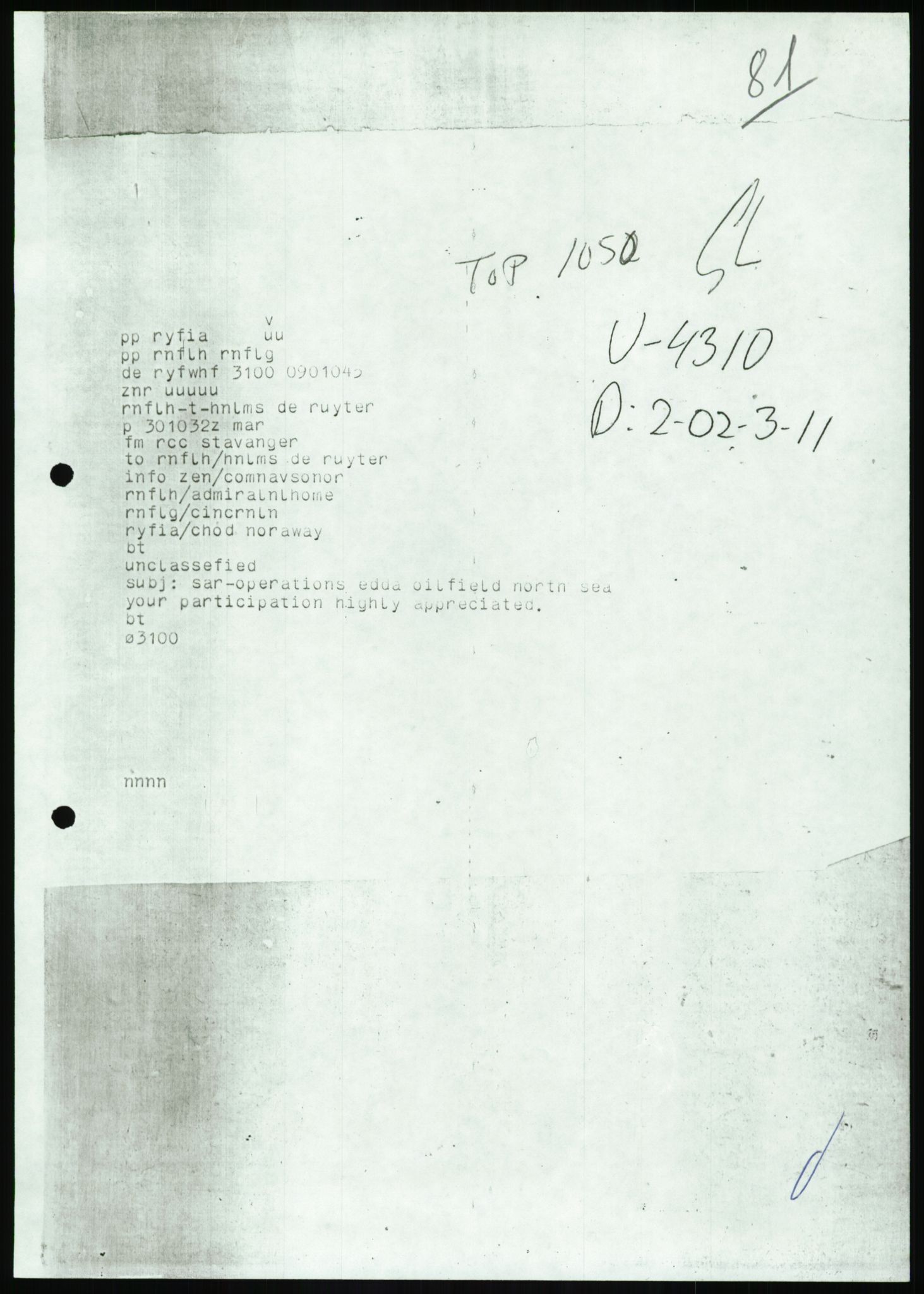 Justisdepartementet, Granskningskommisjonen ved Alexander Kielland-ulykken 27.3.1980, AV/RA-S-1165/D/L0017: P Hjelpefartøy (Doku.liste + P1-P6 av 6)/Q Hovedredningssentralen (Q0-Q27 av 27), 1980-1981, p. 231