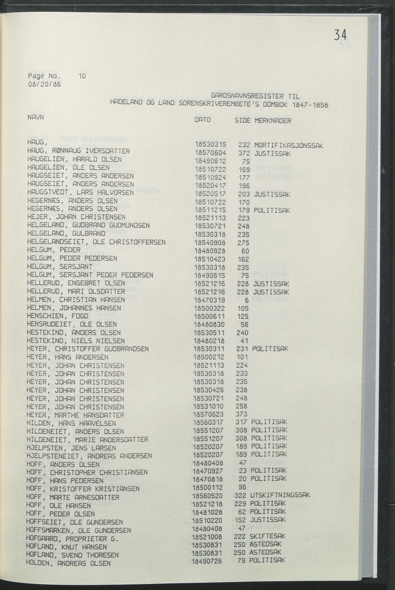 Statsarkivet i Hamar, AV/SAH-SAH-001/H/Hb/L0001/0004: Egne registre og hjelpemidler / Register  til Hadeland og Land sorenskriveri dombok 1 (1847 - 1858), 1847-1858, p. 34