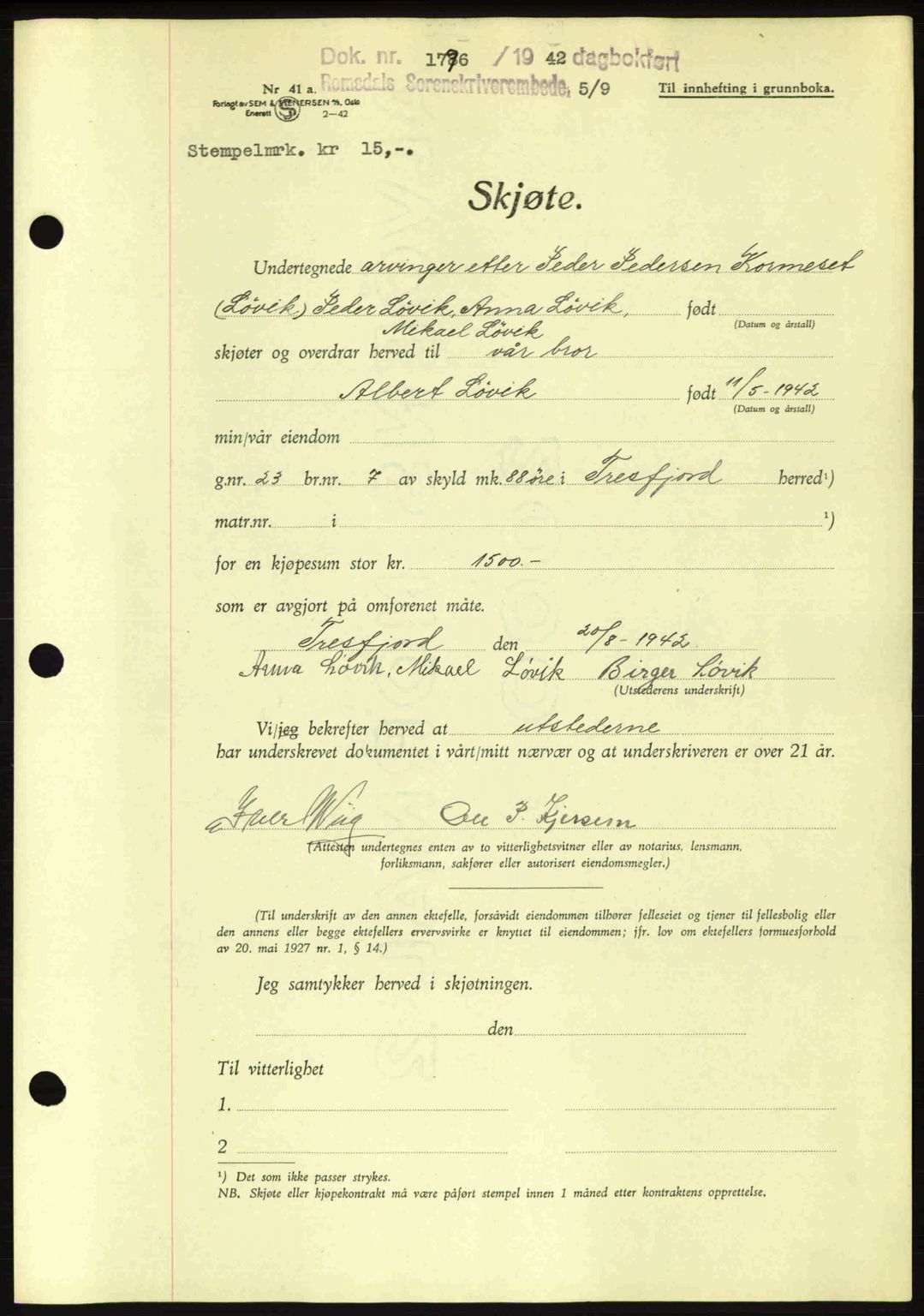 Romsdal sorenskriveri, AV/SAT-A-4149/1/2/2C: Mortgage book no. A12, 1942-1942, Diary no: : 1796/1942