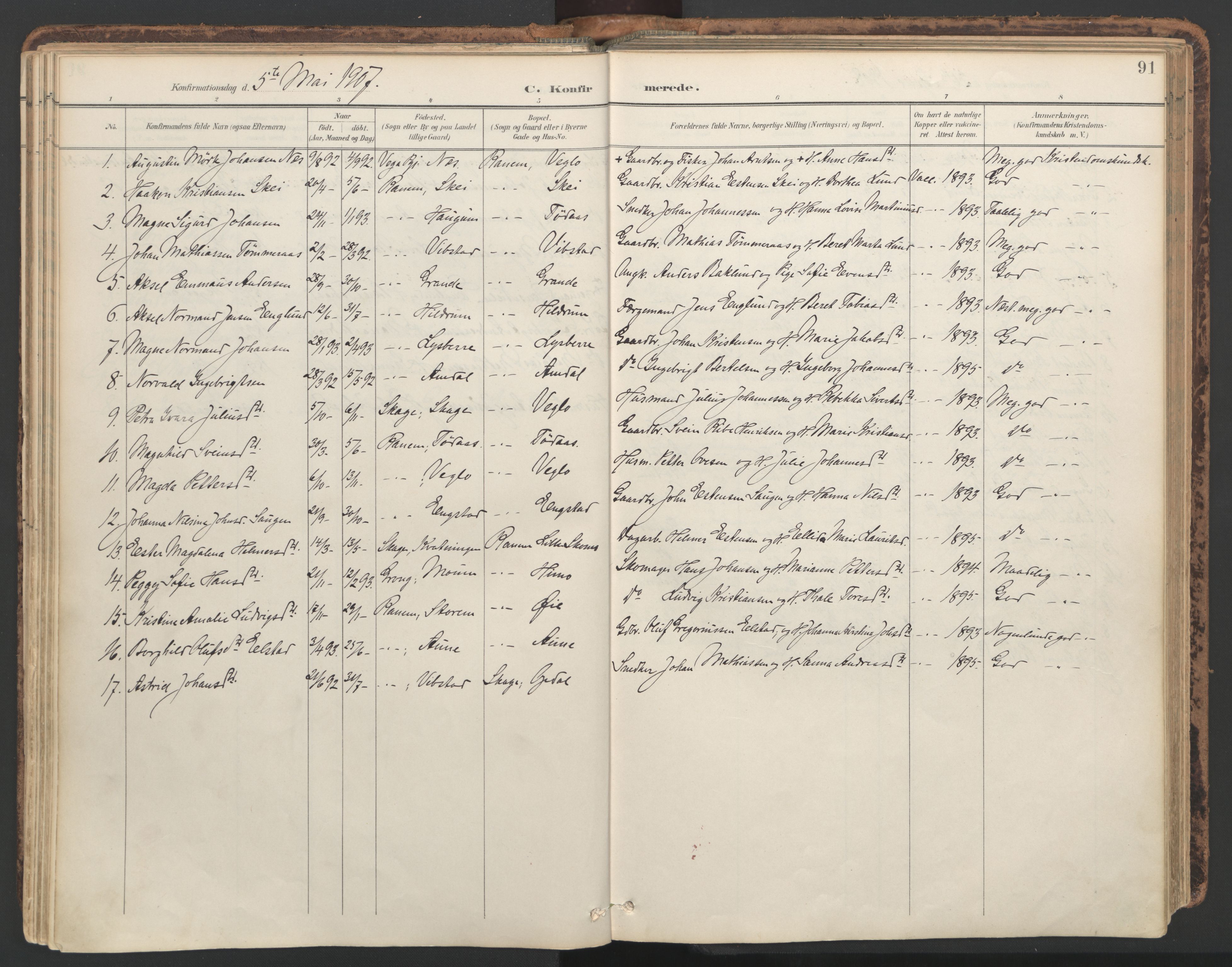 Ministerialprotokoller, klokkerbøker og fødselsregistre - Nord-Trøndelag, SAT/A-1458/764/L0556: Parish register (official) no. 764A11, 1897-1924, p. 91