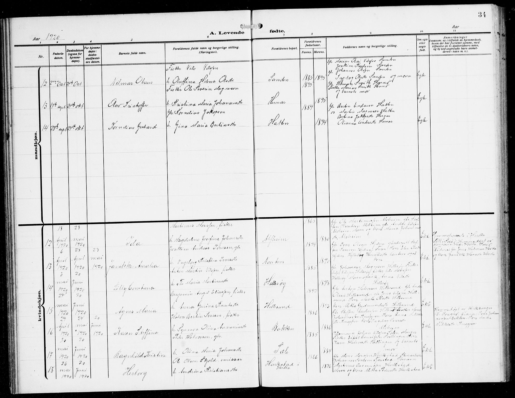 Herdla Sokneprestembete, AV/SAB-A-75701/H/Hab: Parish register (copy) no. B 1, 1909-1929, p. 34