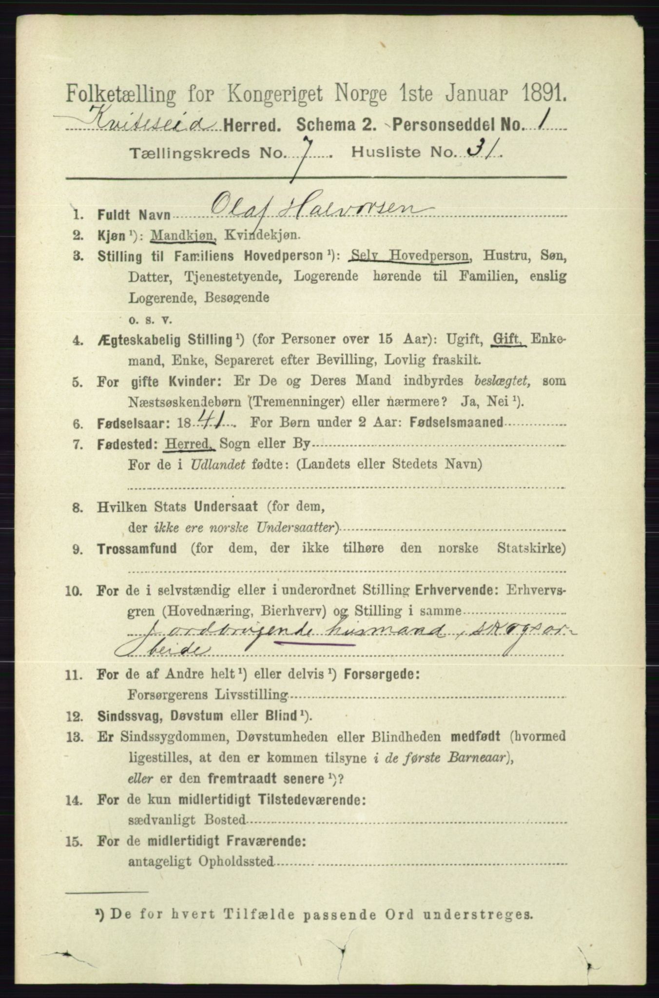 RA, 1891 census for 0829 Kviteseid, 1891, p. 1532