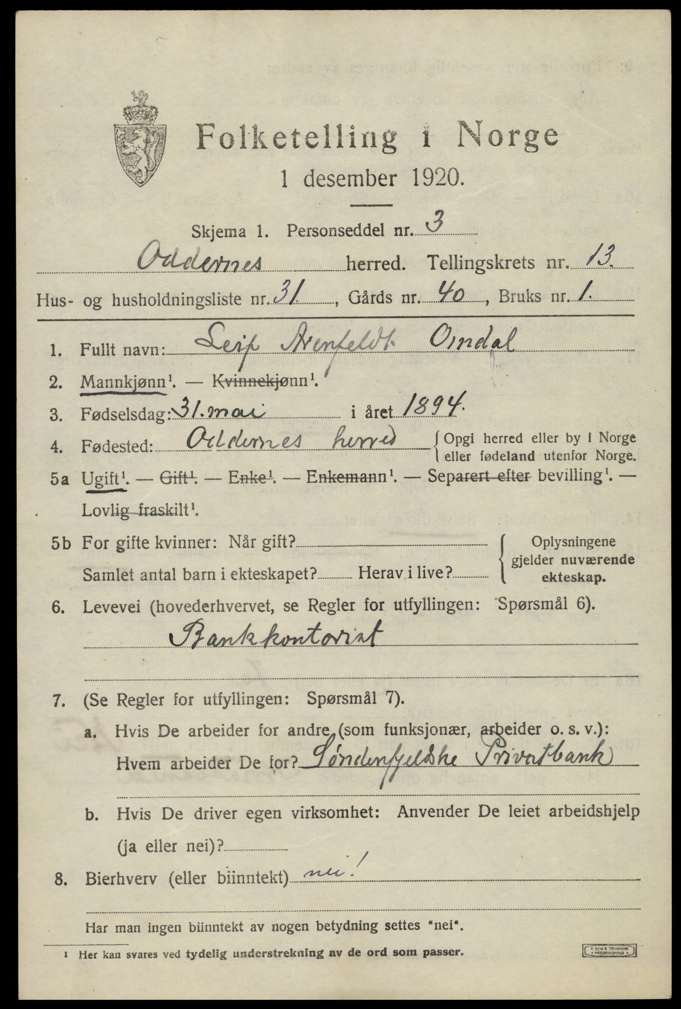 SAK, 1920 census for Oddernes, 1920, p. 8387