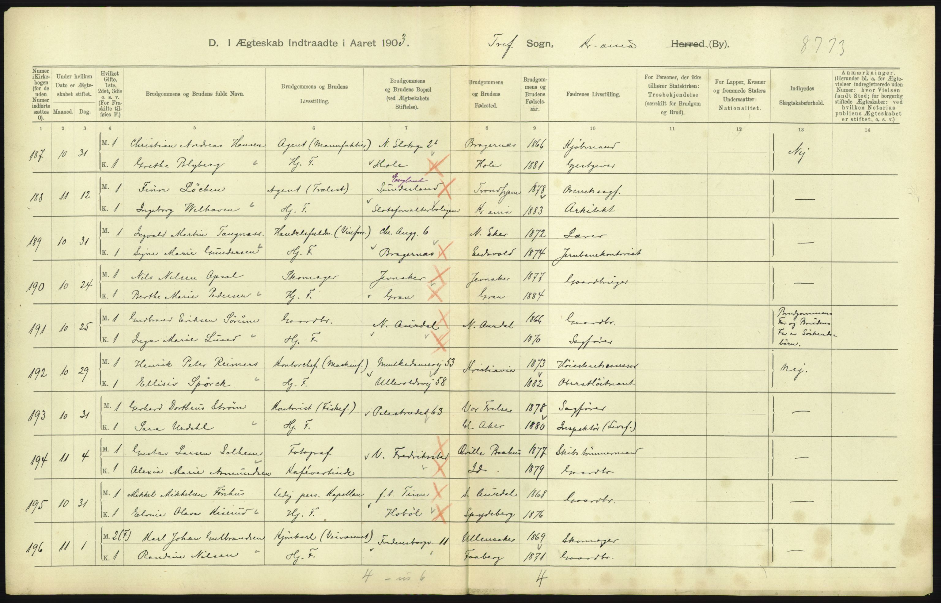 Statistisk sentralbyrå, Sosiodemografiske emner, Befolkning, AV/RA-S-2228/D/Df/Dfa/Dfaa/L0004: Kristiania: Gifte, døde, 1903, p. 593