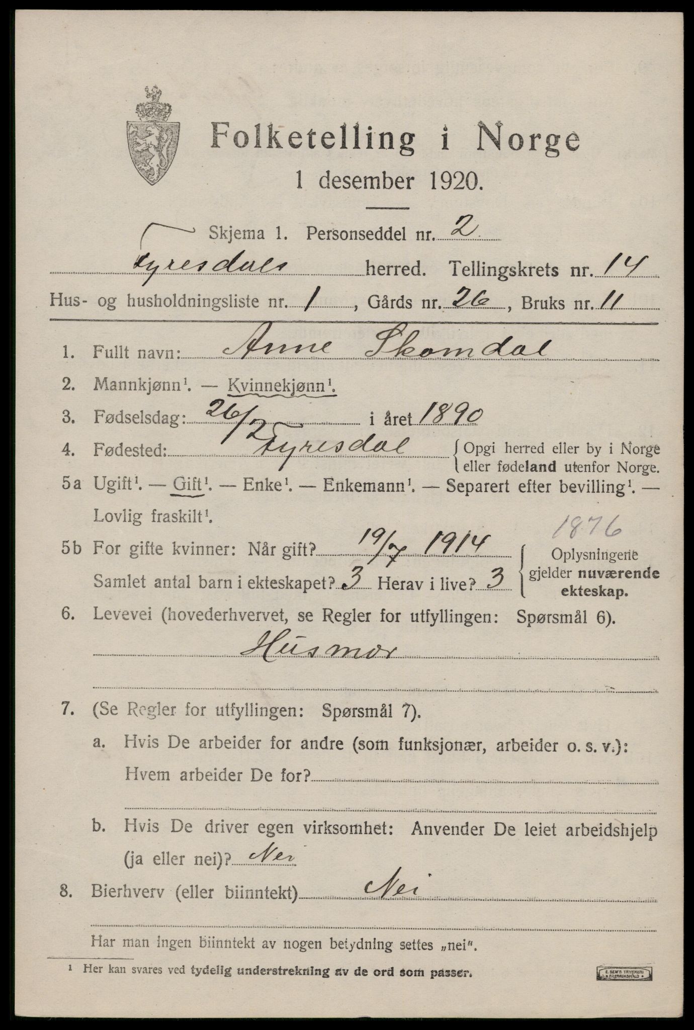 SAKO, 1920 census for Fyresdal, 1920, p. 4373