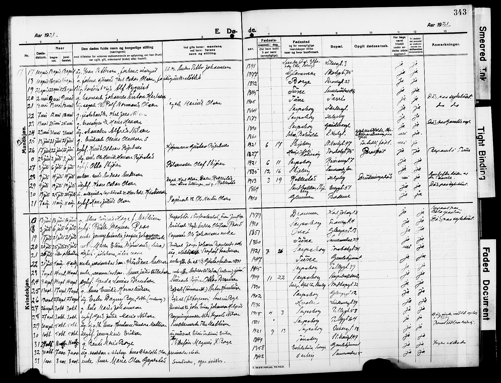 Sarpsborg prestekontor Kirkebøker, AV/SAO-A-2006/G/Ga/L0002: Parish register (copy) no. 2, 1912-1931, p. 343
