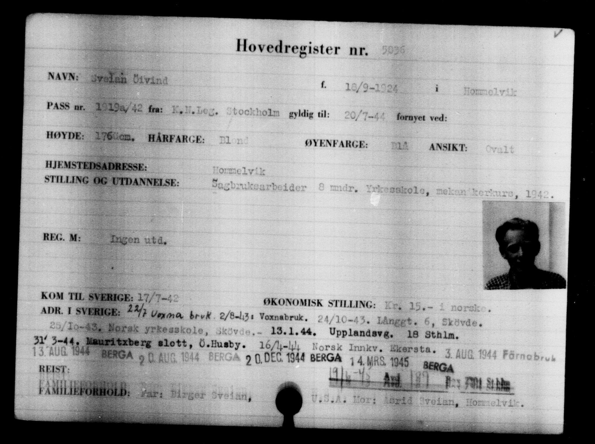 Utenriksstasjonene, Legasjonen i Stockholm, Flyktningkontoret, AV/RA-S-6753/V/Va/L0004: Kjesäterkartoteket, flyktninger med registreringsnr. 3496-6610, 1940-1945, p. 2721